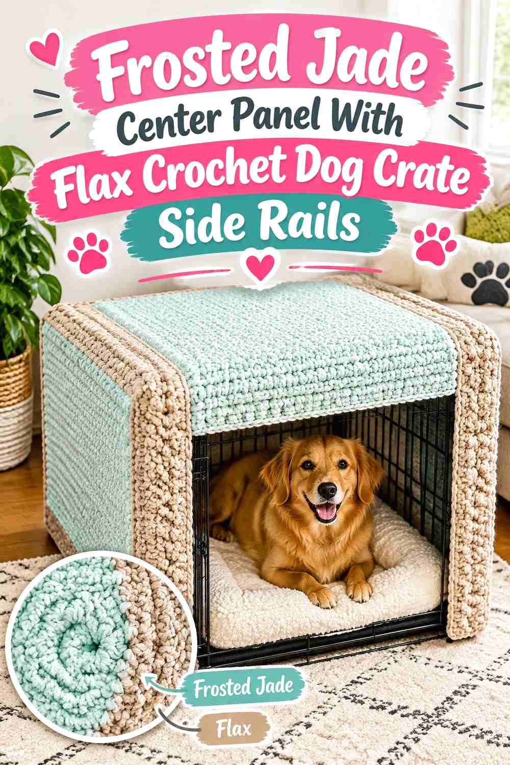 Frosted Jade Center Panel With Flax Crochet Dog Crate Side Rails