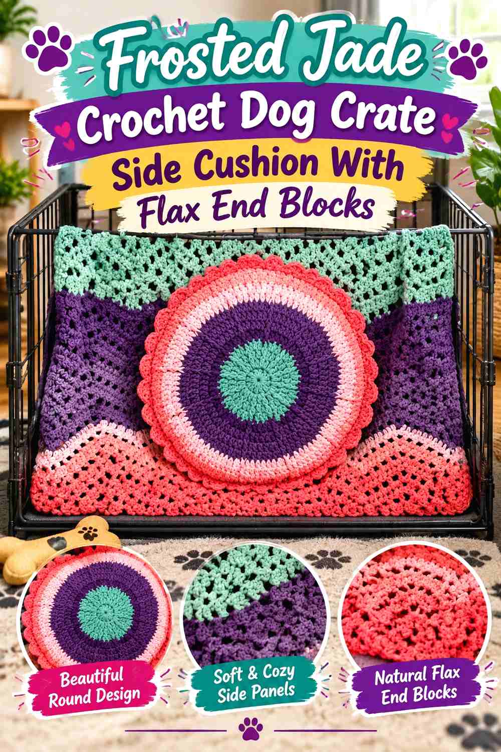 Frosted Jade Crochet Dog Crate Side Cushion With Flax End Blocks