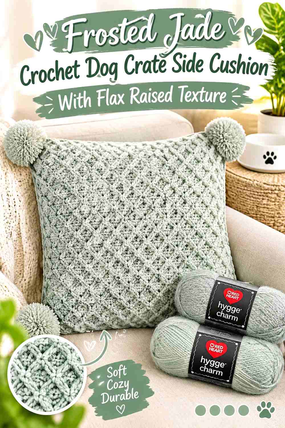 Frosted Jade Crochet Dog Crate Side Cushion With Flax Raised Texture