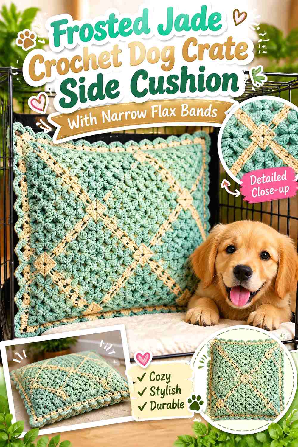 Frosted Jade Crochet Dog Crate Side Cushion With Narrow Flax Bands
