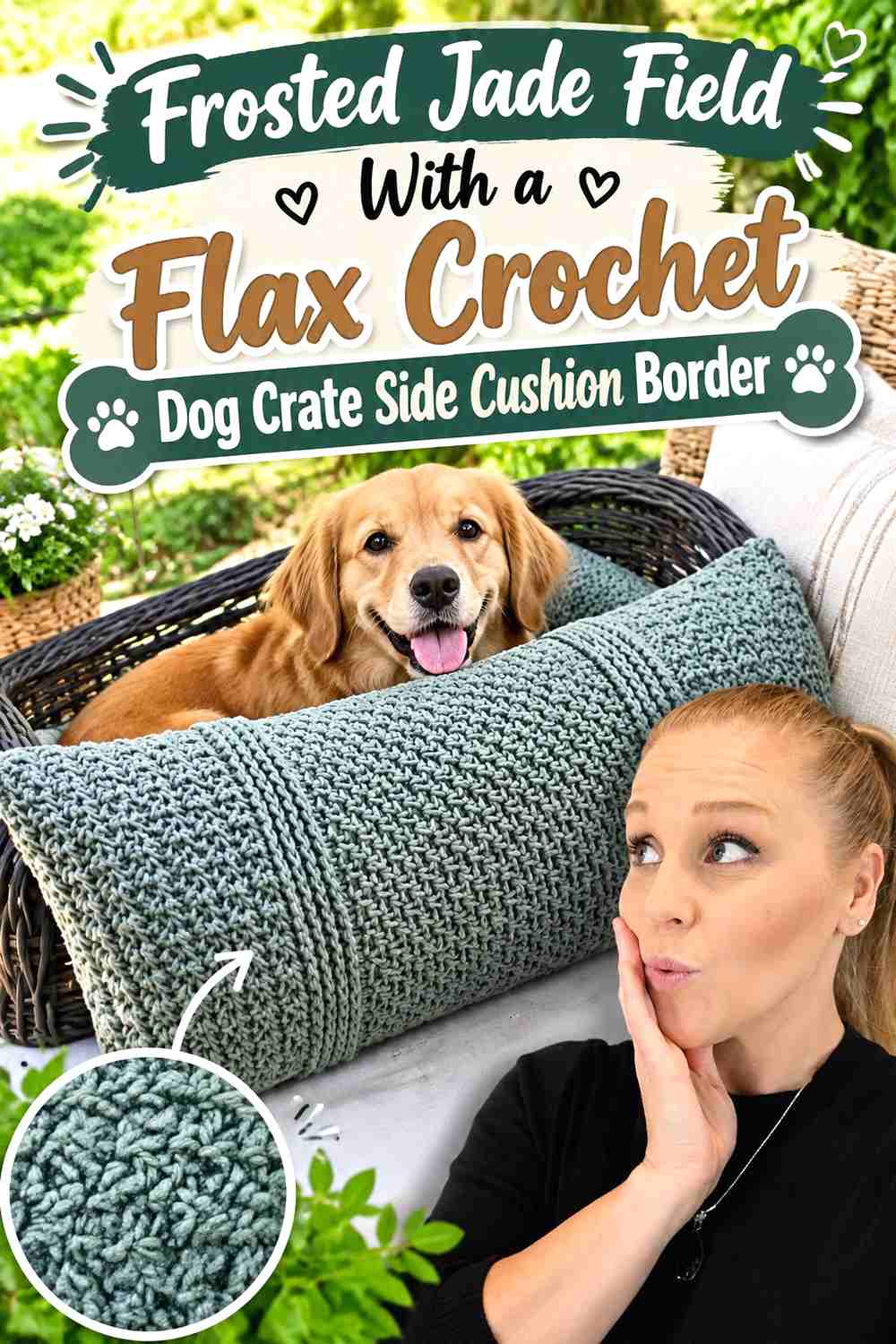 Frosted Jade Field With a Flax Crochet Dog Crate Side Cushion Border