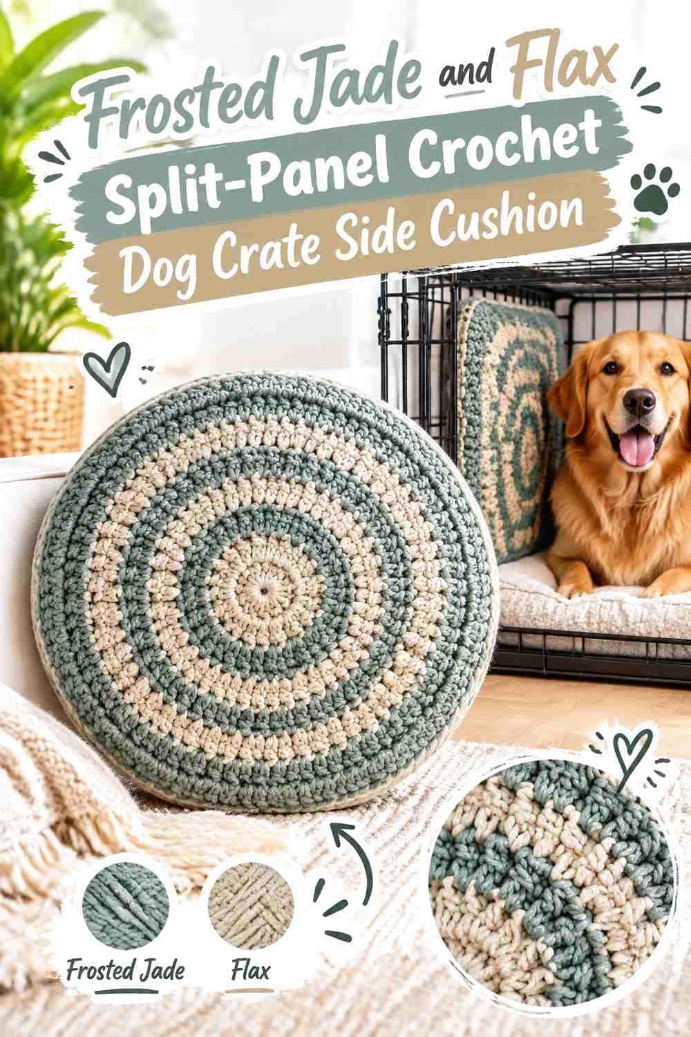 Frosted Jade and Flax Split-Panel Crochet Dog Crate Side Cushion