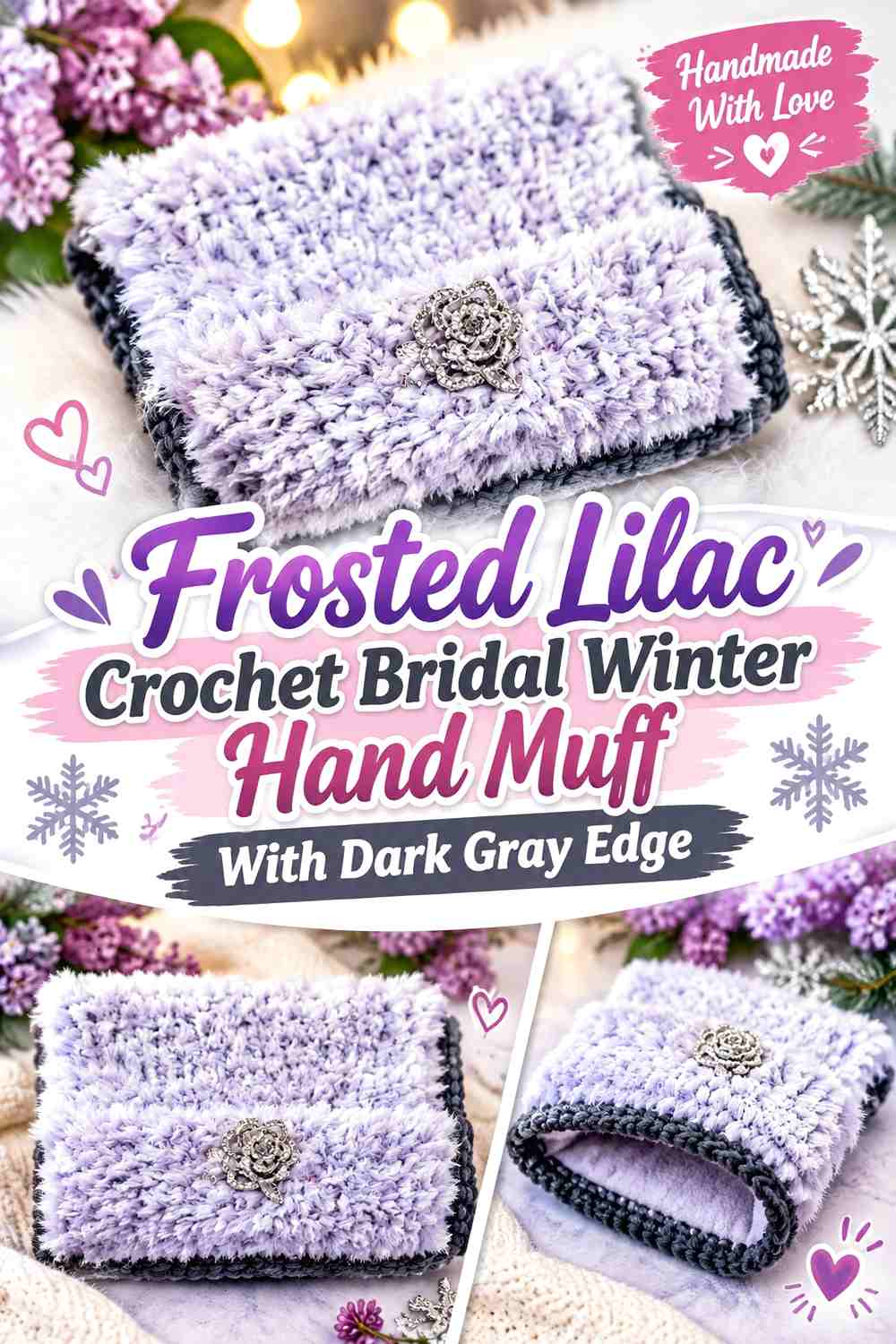 Frosted Lilac Crochet Bridal Winter Hand Muff With Dark Gray Edge