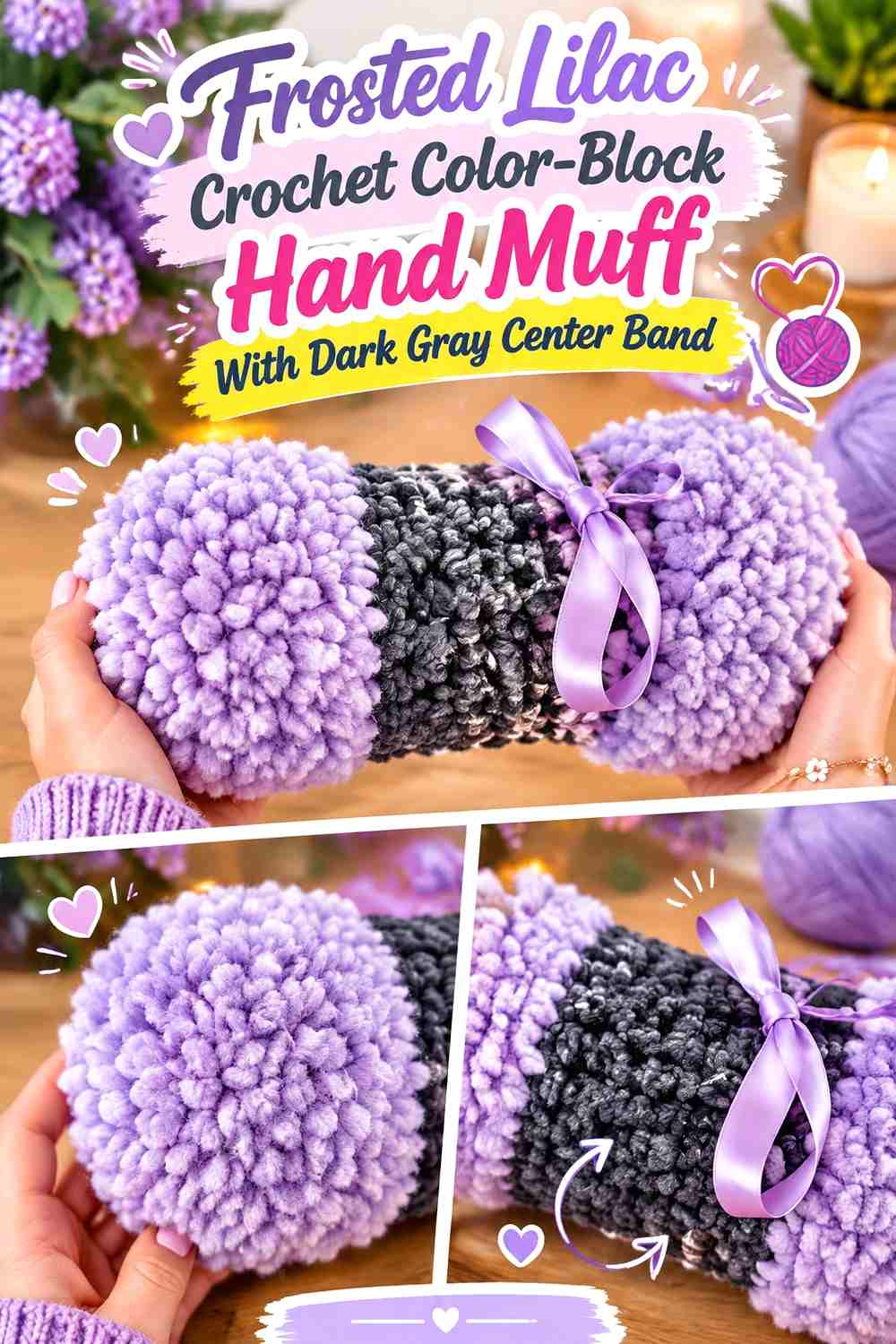 Frosted Lilac Crochet Color-Block Hand Muff With Dark Gray Center Band