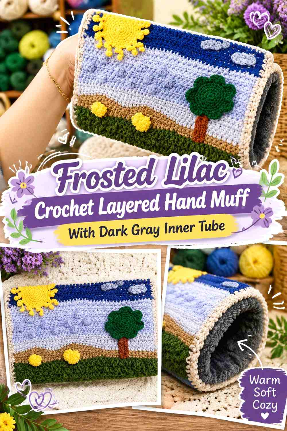 Frosted Lilac Crochet Layered Hand Muff With Dark Gray Inner Tube