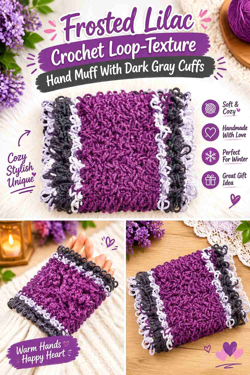Frosted Lilac Crochet Loop-Texture Hand Muff With Dark Gray Cuffs