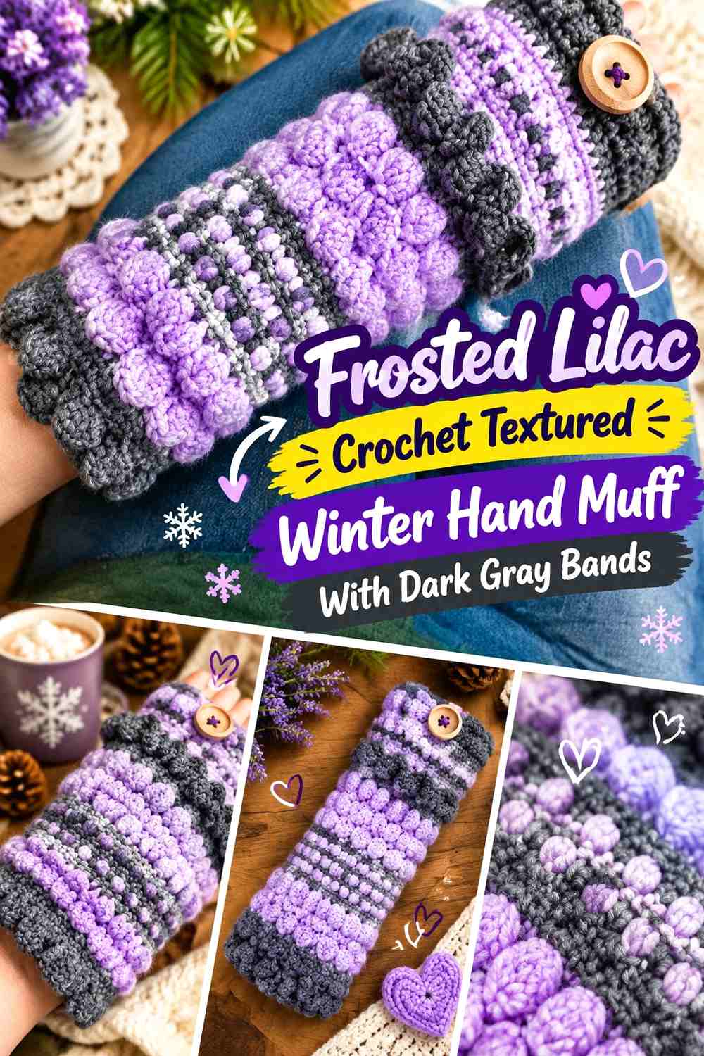 Frosted Lilac Crochet Textured Winter Hand Muff With Dark Gray Bands