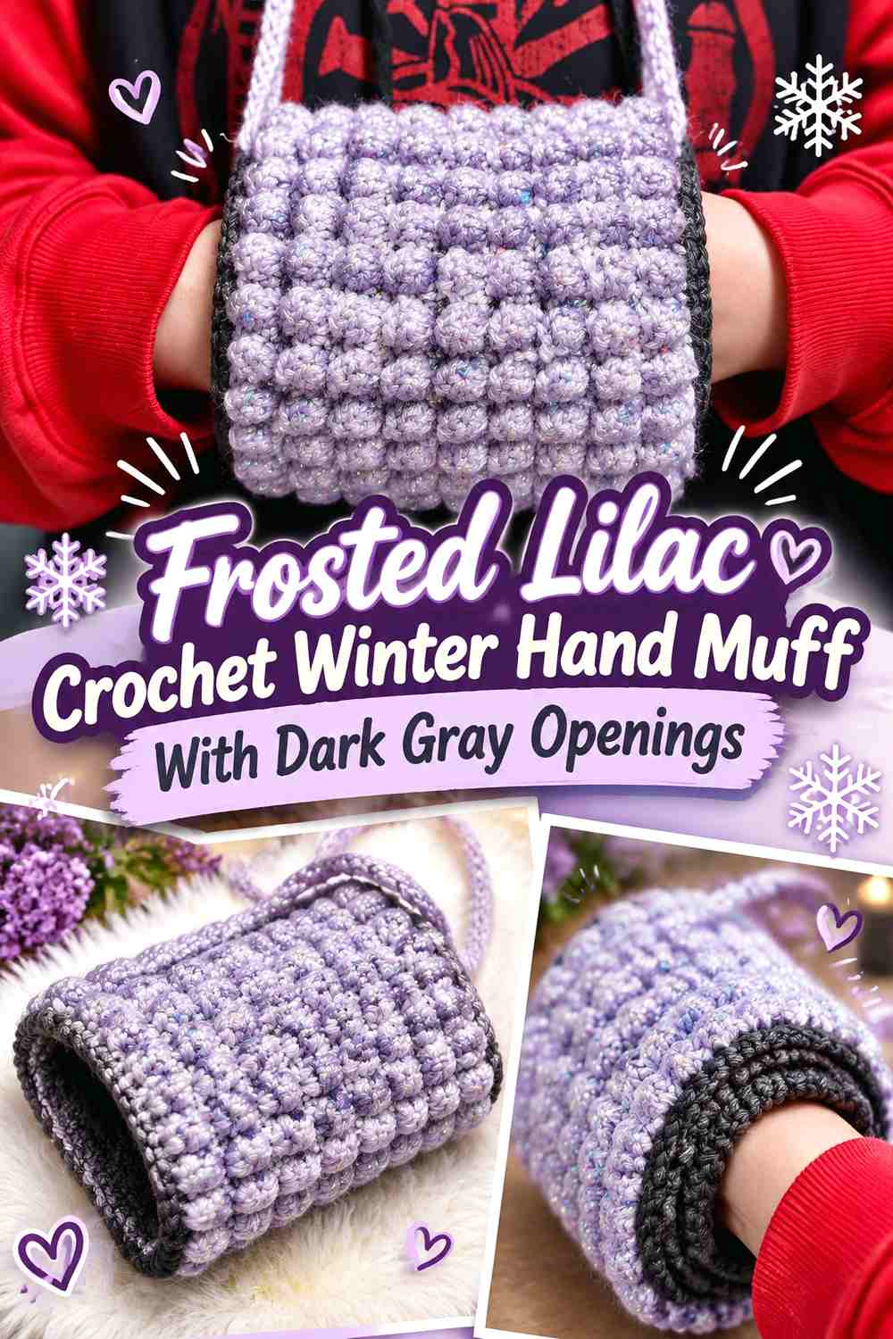 Frosted Lilac Crochet Winter Hand Muff With Dark Gray Openings