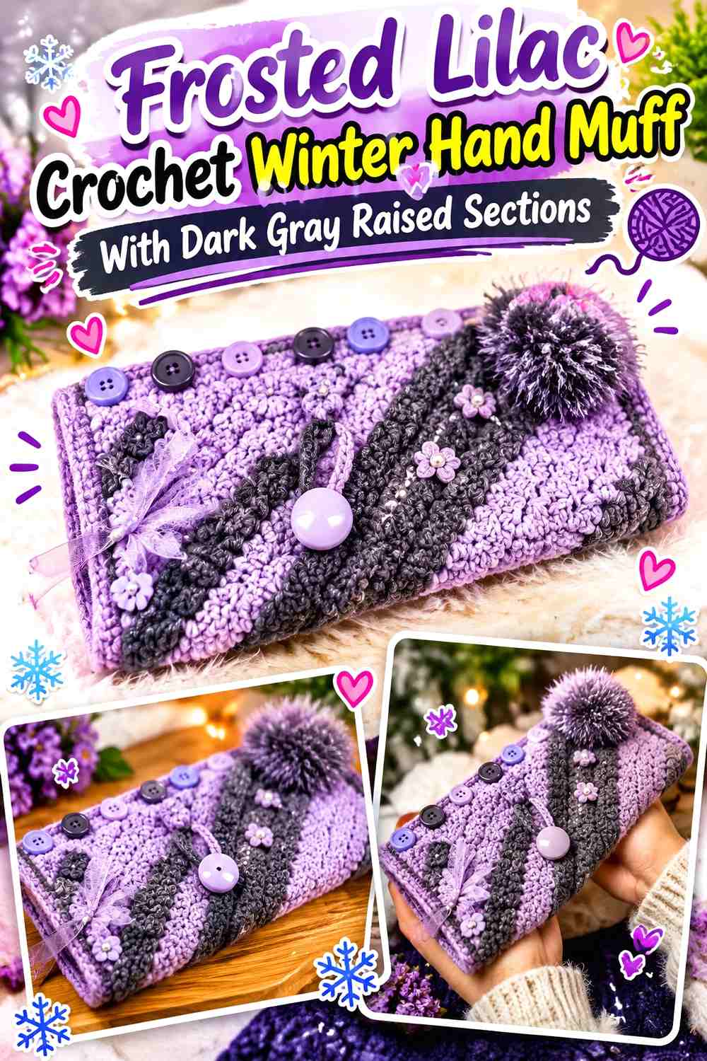 Frosted Lilac Crochet Winter Hand Muff With Dark Gray Raised Sections