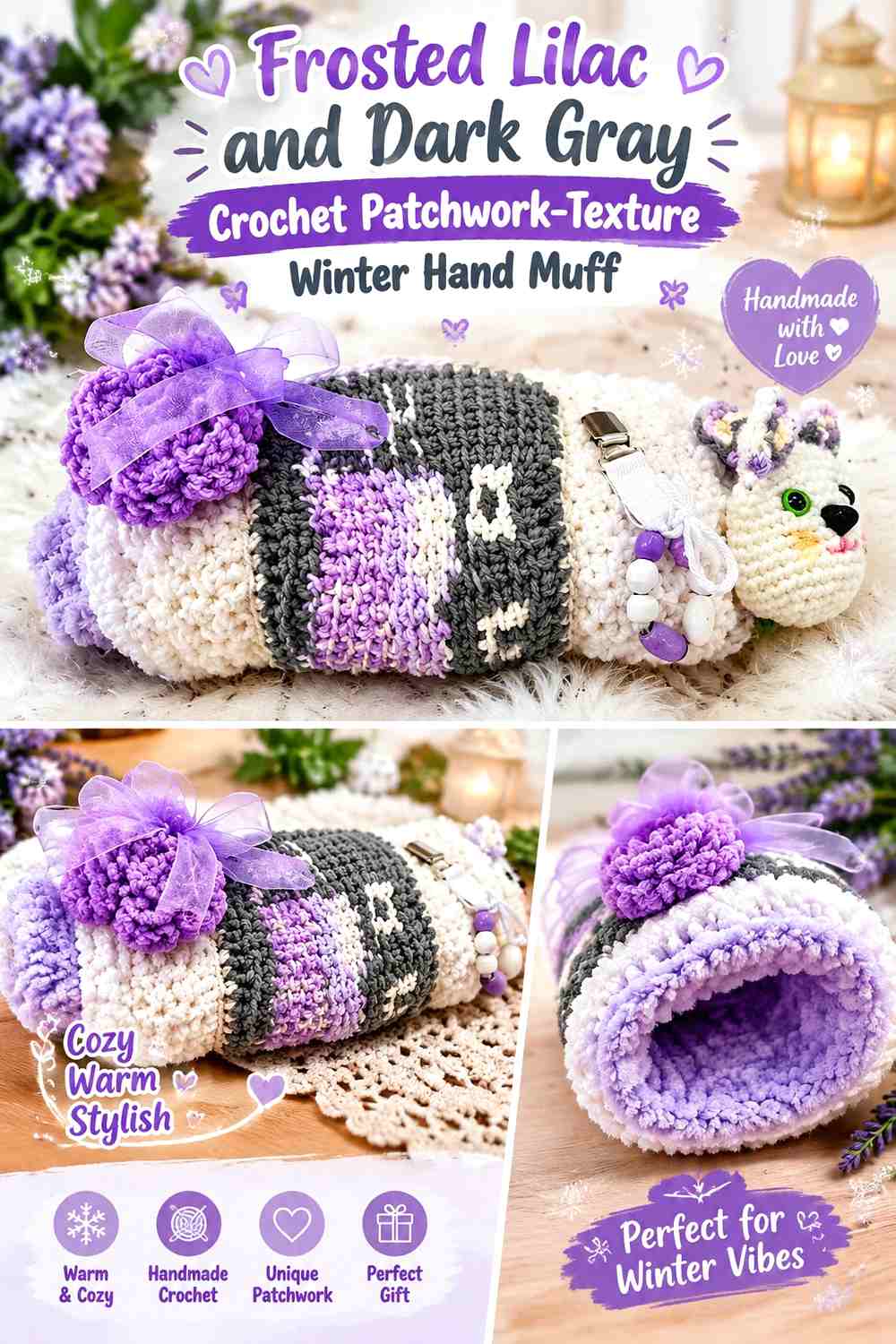 Frosted Lilac and Dark Gray Crochet Patchwork-Texture Winter Hand Muff