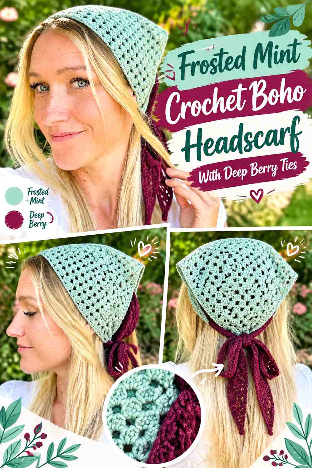 Frosted Mint Crochet Boho Headscarf With Deep Berry Ties