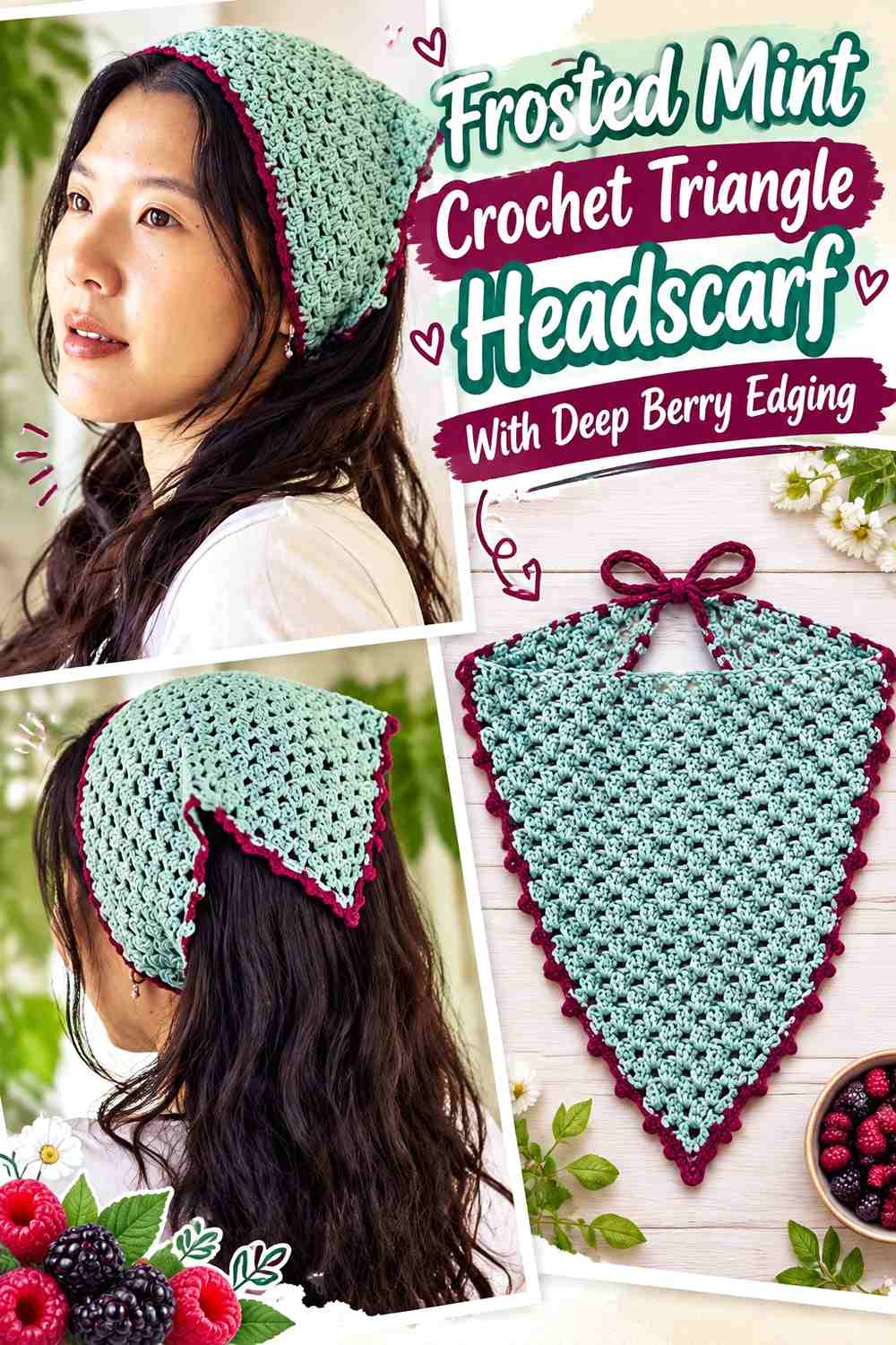 Frosted Mint Crochet Triangle Headscarf With Deep Berry Edging