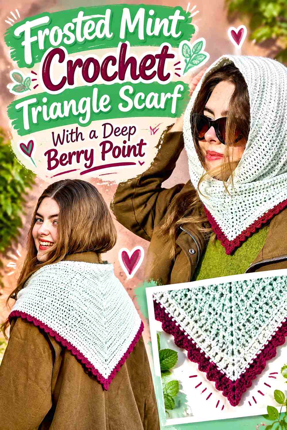 Frosted Mint Crochet Triangle Scarf With a Deep Berry Point