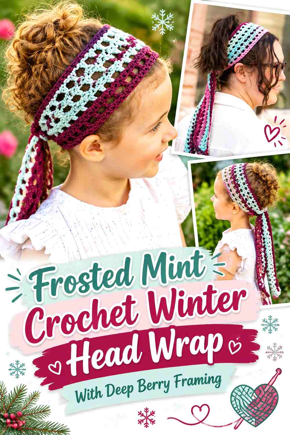 Frosted Mint Crochet Winter Head Wrap With Deep Berry Framing