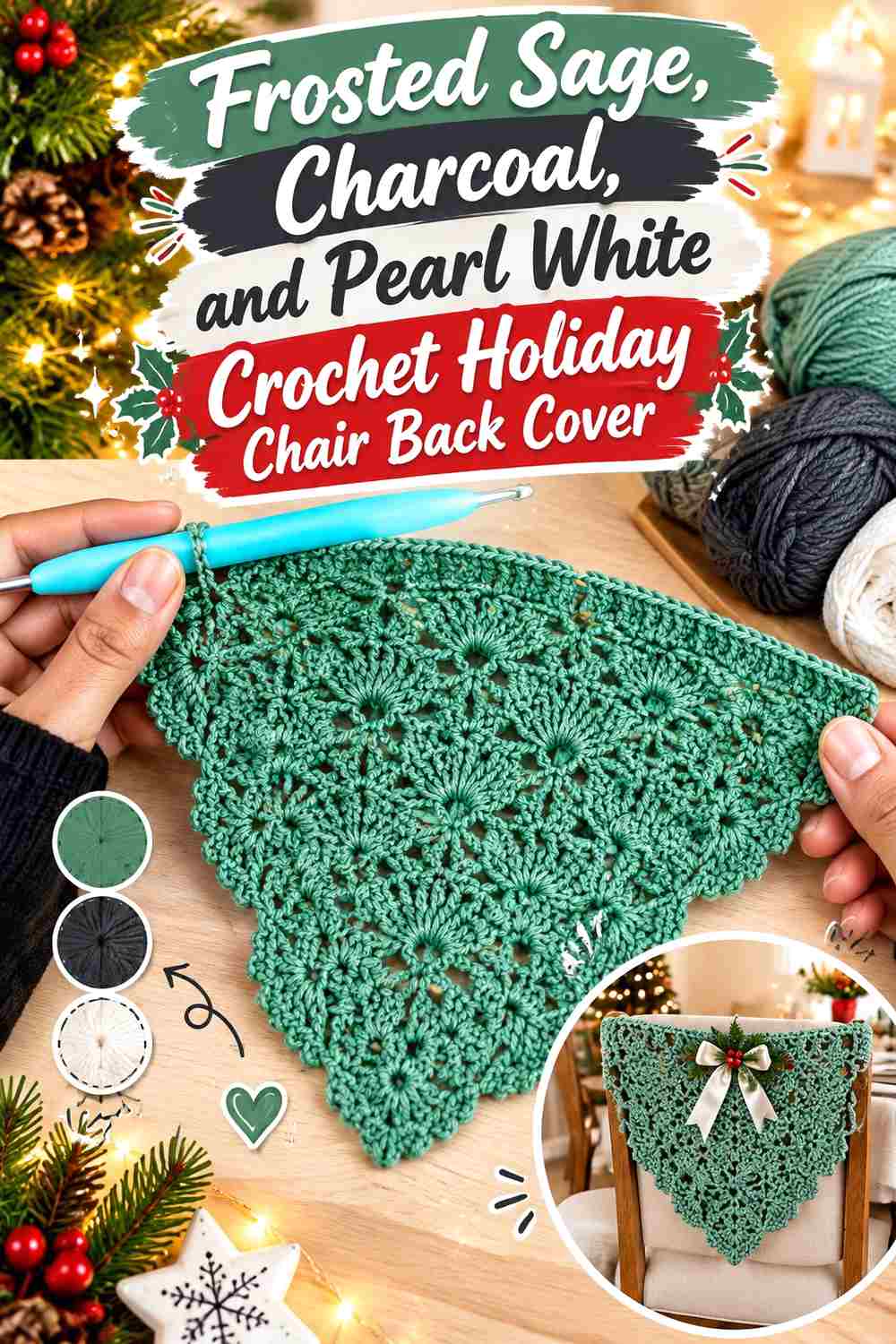 13. Frosted Sage Charcoal And Pearl White Crochet Holiday Chair Back Cover