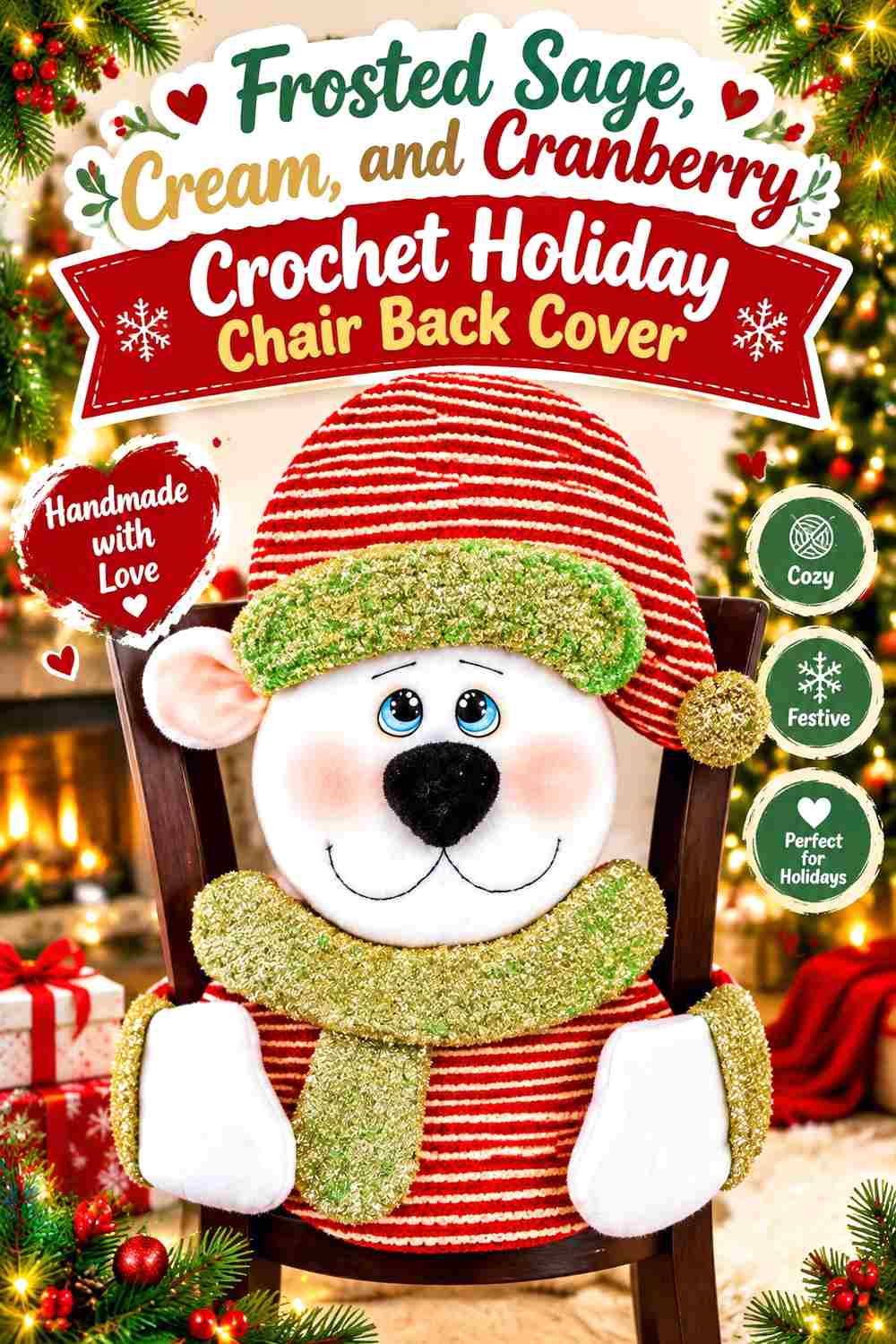 11. Frosted Sage Cream And Cranberry Crochet Holiday Chair Back Cover