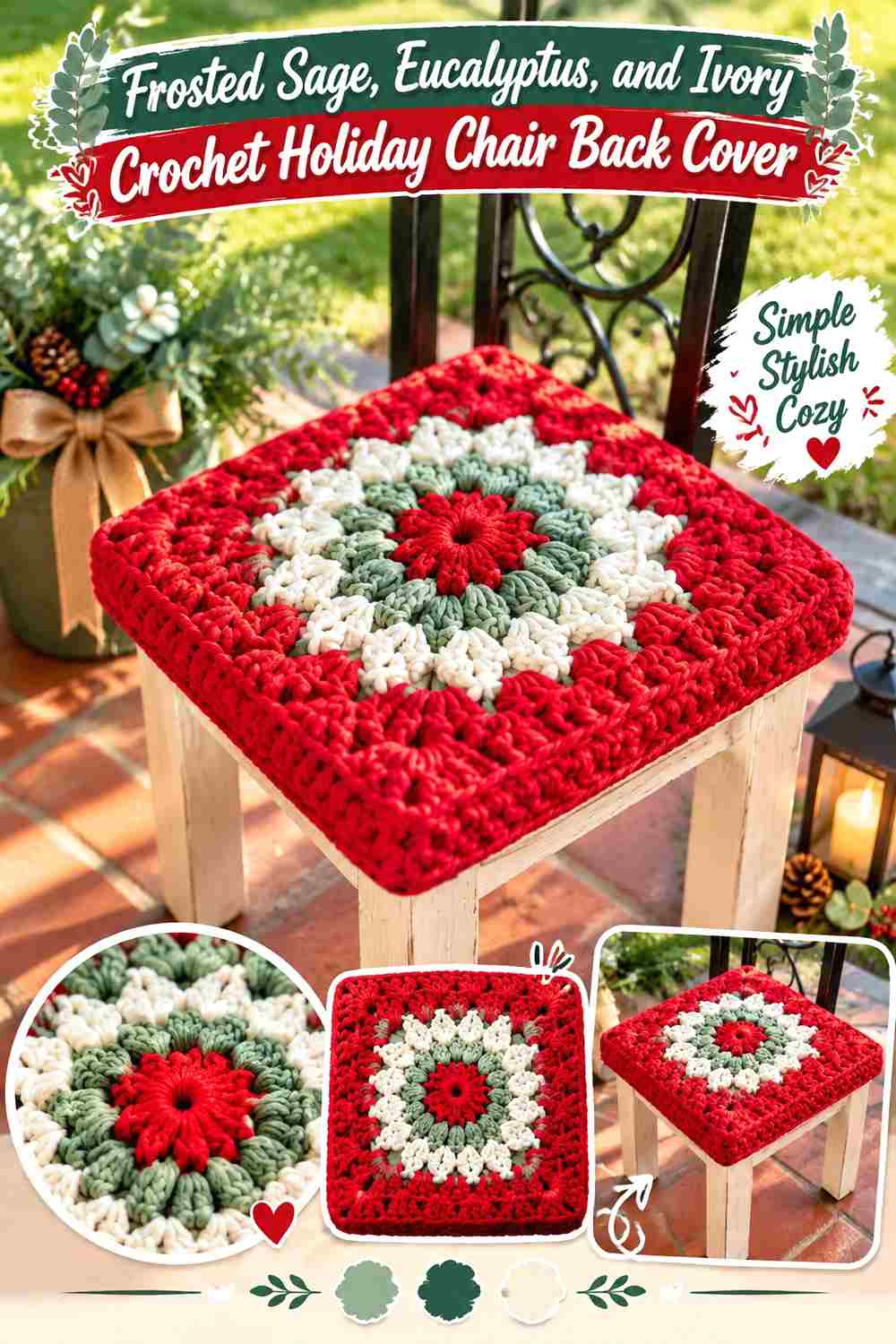 12. Frosted Sage Eucalyptus And Ivory Crochet Holiday Chair Back Cover