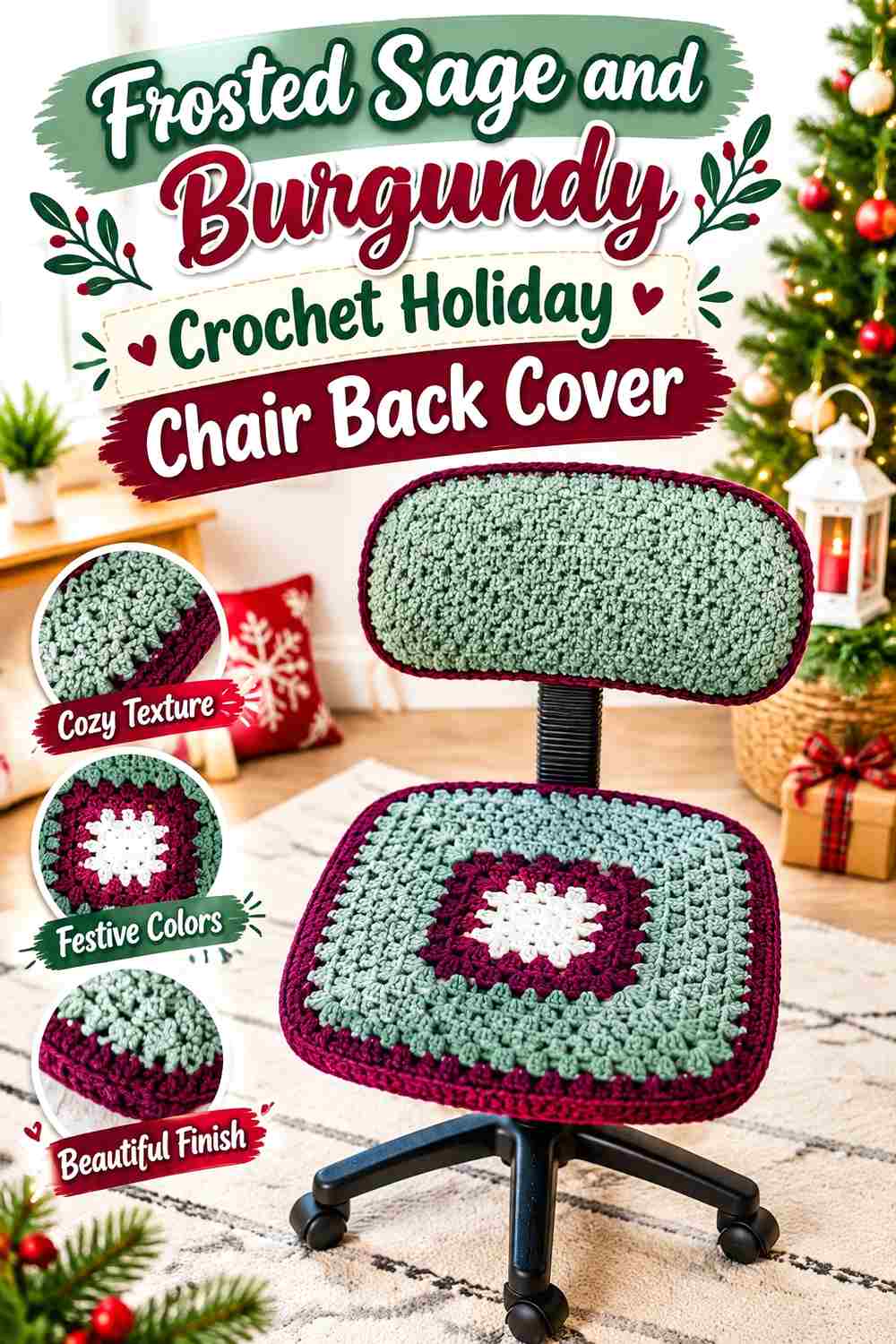 7. Frosted Sage And Burgundy Crochet Holiday Chair Back Cover