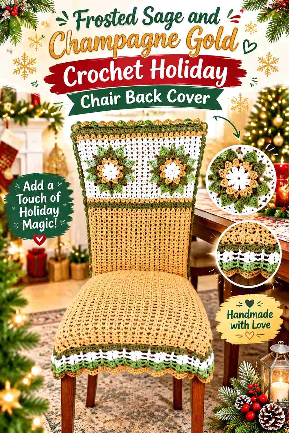3. Frosted Sage And Champagne Gold Crochet Holiday Chair Back Cover