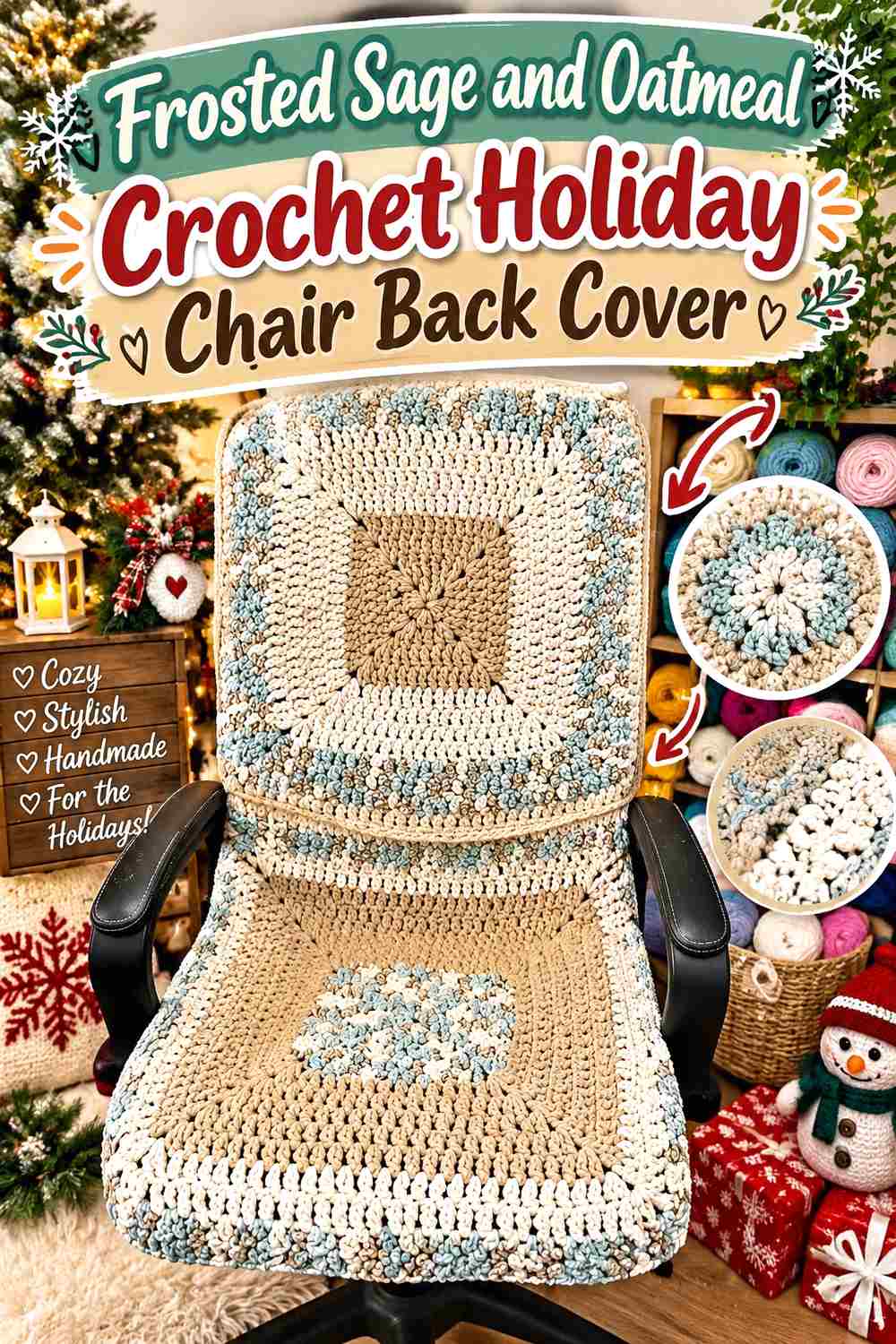 5. Frosted Sage And Oatmeal Crochet Holiday Chair Back Cover