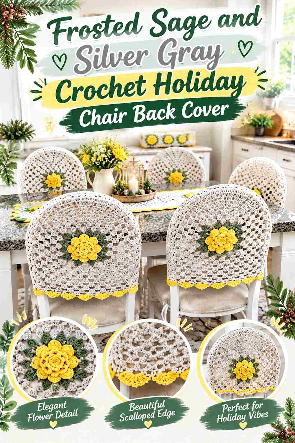 6. Frosted Sage And Silver Gray Crochet Holiday Chair Back Cover