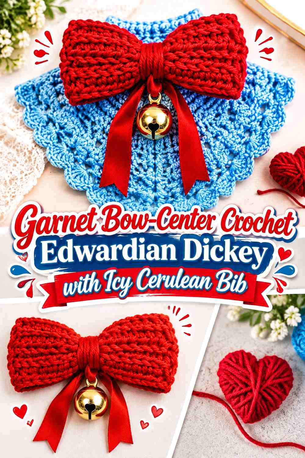 Garnet Bow-Center Crochet Edwardian Dickey with Icy Cerulean Bib