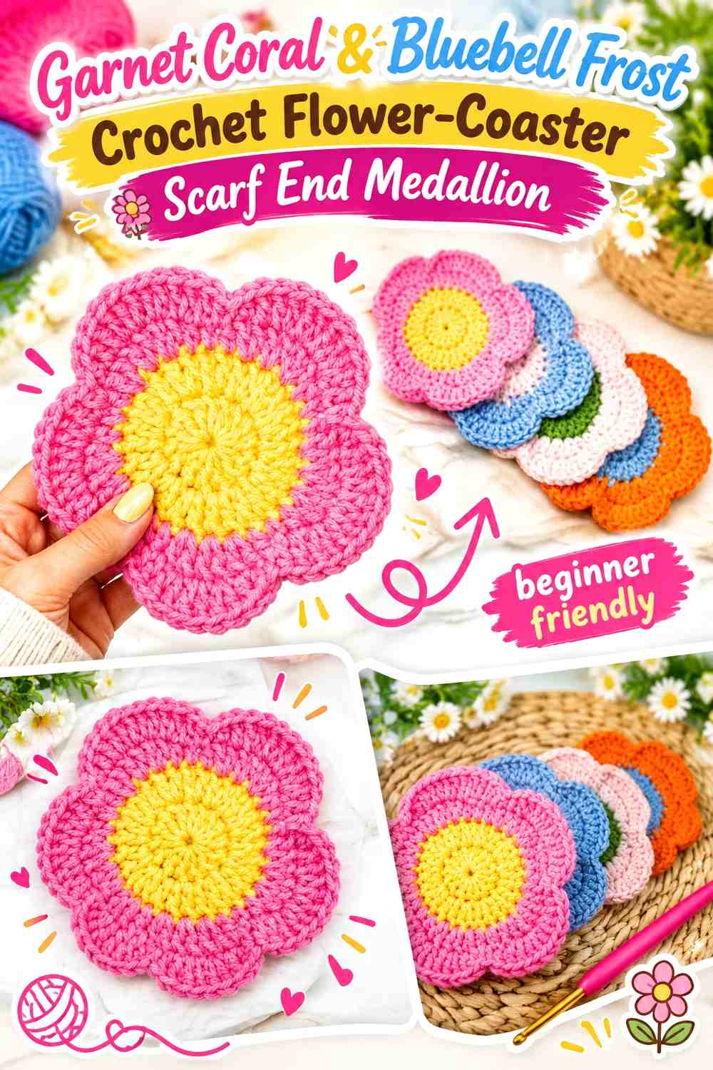 Garnet Coral & Bluebell Frost Crochet Flower-Coaster Scarf End Medallion
