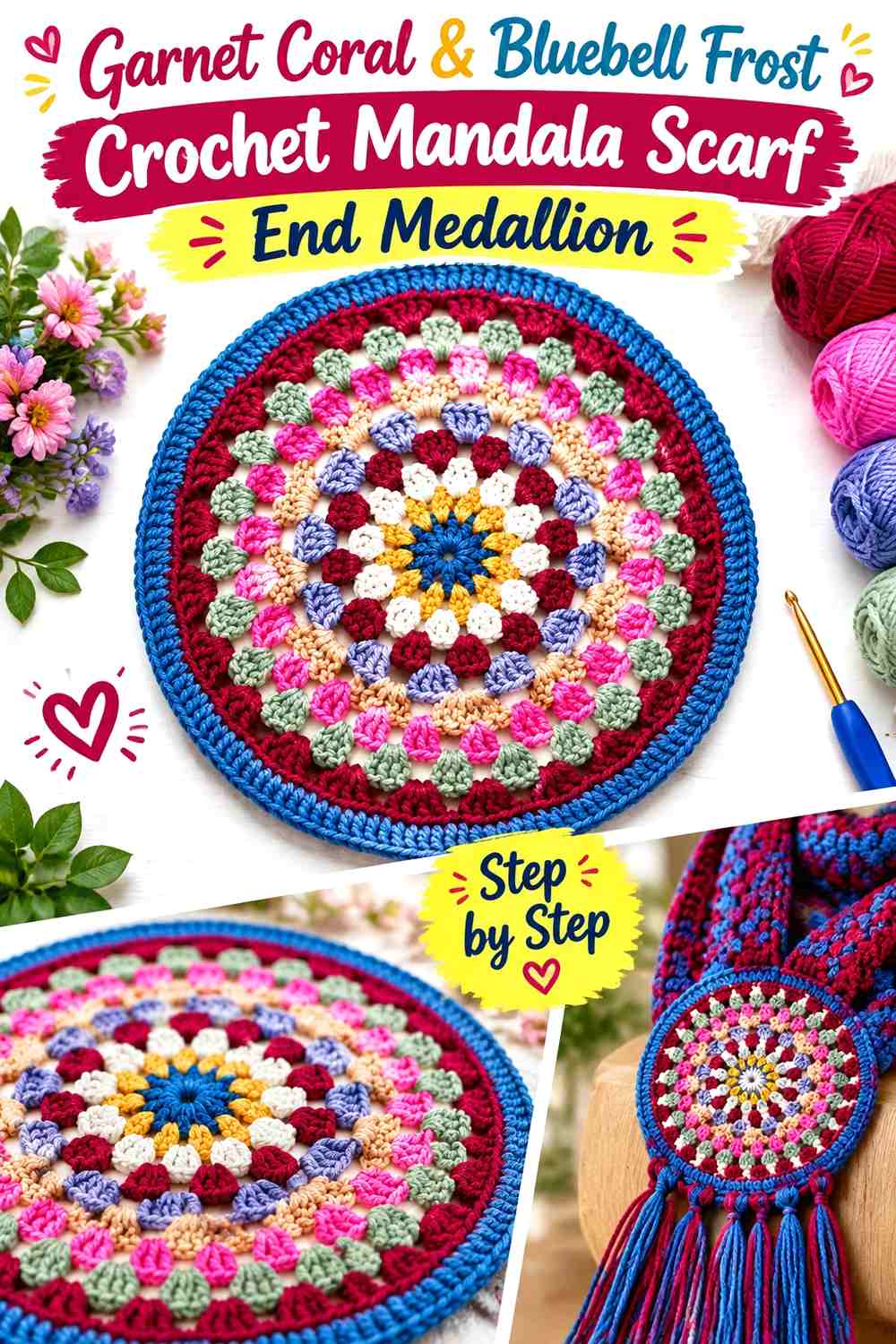 Garnet Coral & Bluebell Frost Crochet Mandala Scarf End Medallion