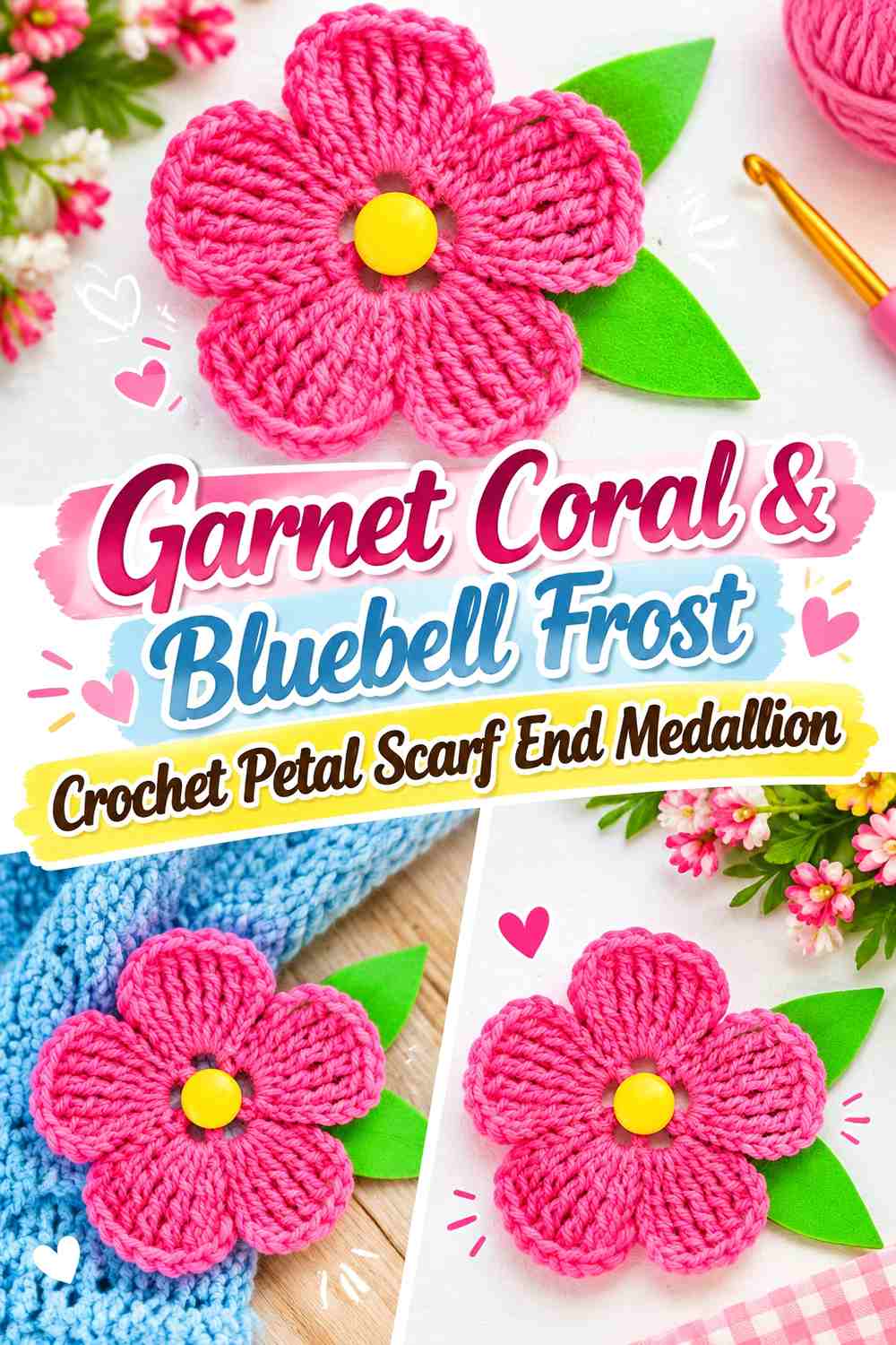 Garnet Coral & Bluebell Frost Crochet Petal Scarf End Medallion