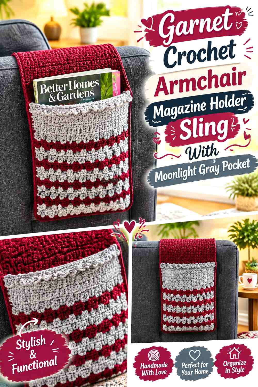 6. Garnet Crochet Armchair Magazine Holder Sling With Moonlight Gray Pocket