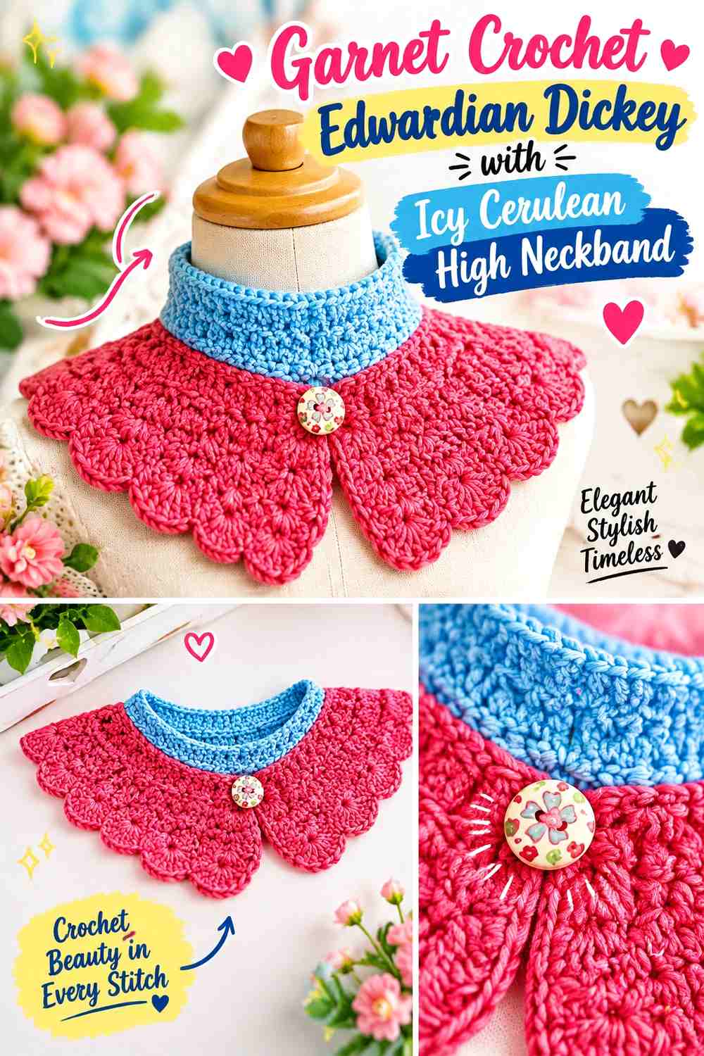Garnet Crochet Edwardian Dickey with Icy Cerulean High Neckband