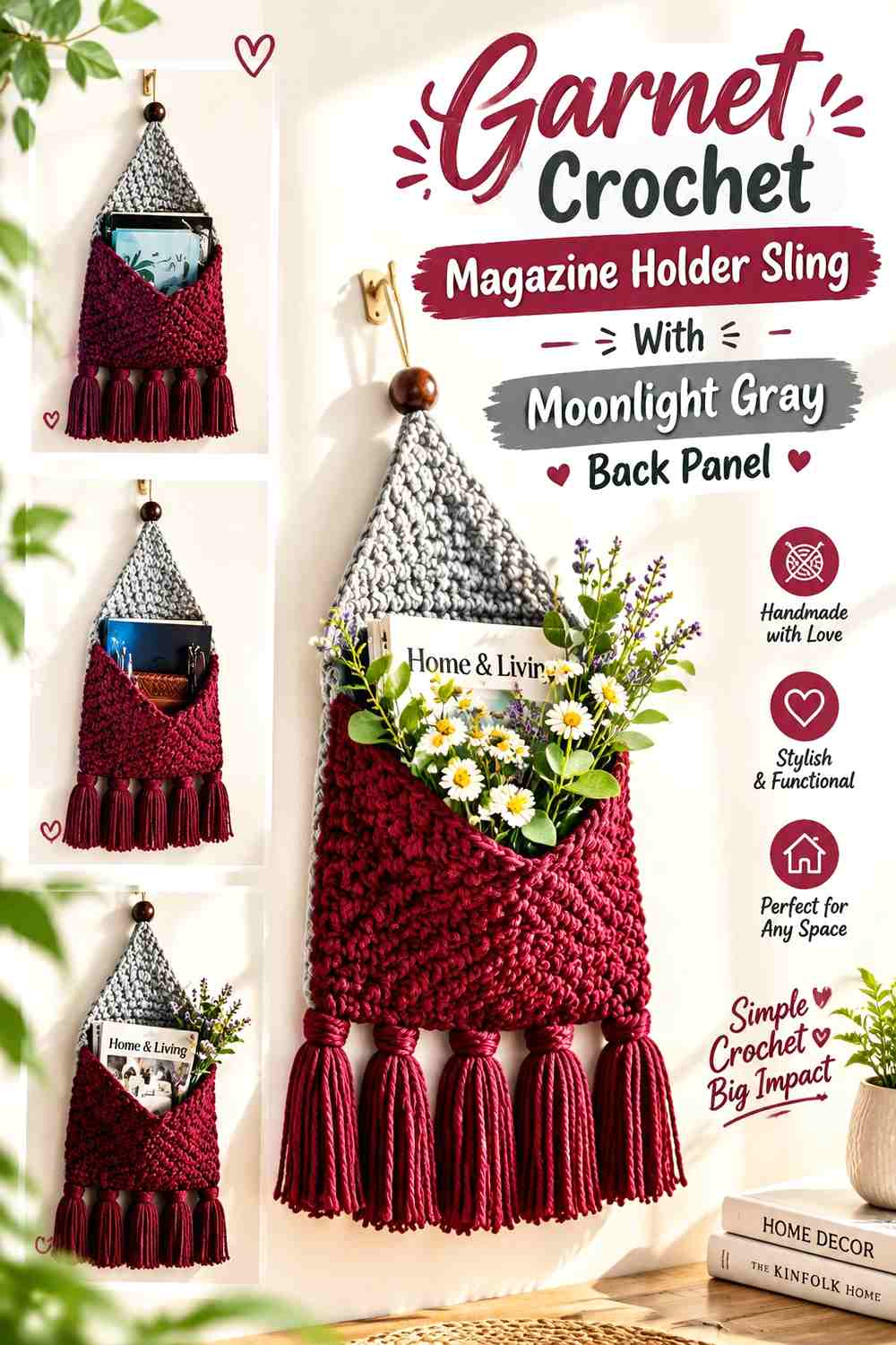 3. Garnet Crochet Magazine Holder Sling With Moonlight Gray Back Panel