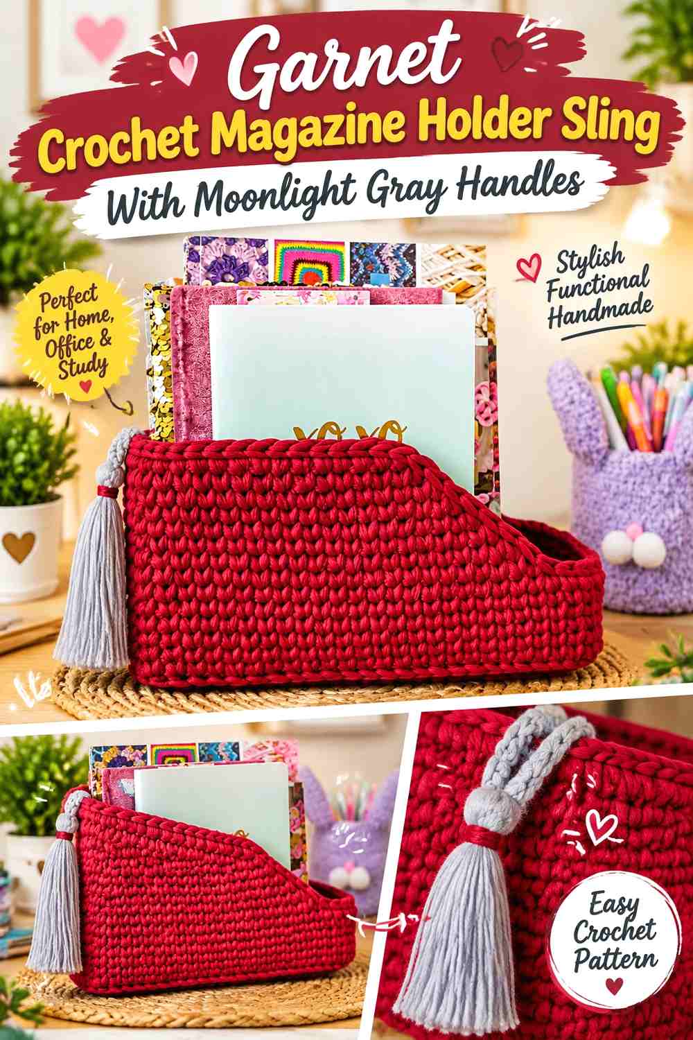 1. Garnet Crochet Magazine Holder Sling With Moonlight Gray Handles