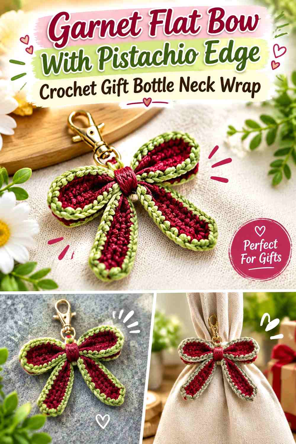 10. Garnet Flat Bow With Pistachio Edge Crochet Gift Bottle Neck Wrap