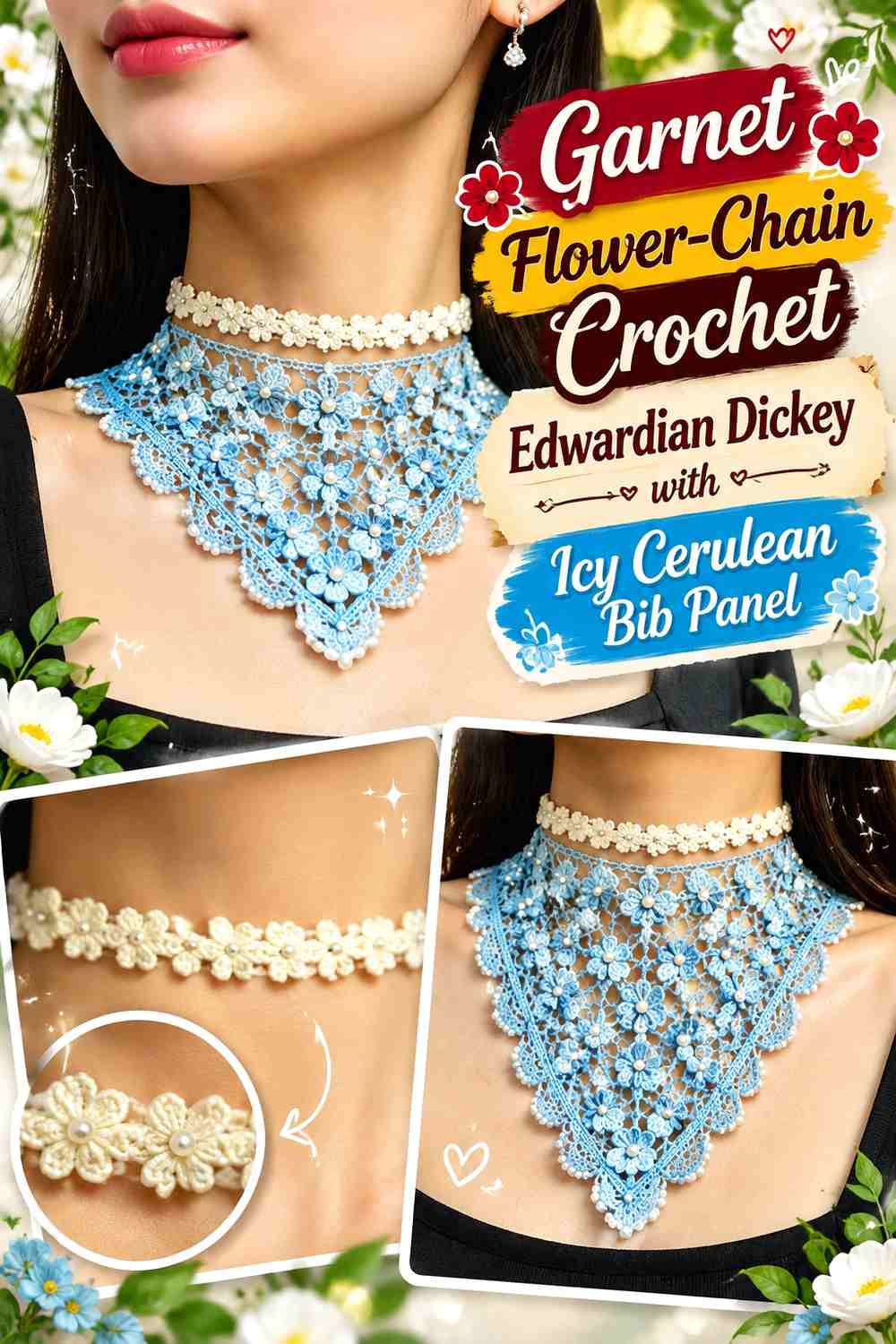 Garnet Flower-Chain Crochet Edwardian Dickey with Icy Cerulean Bib Panel