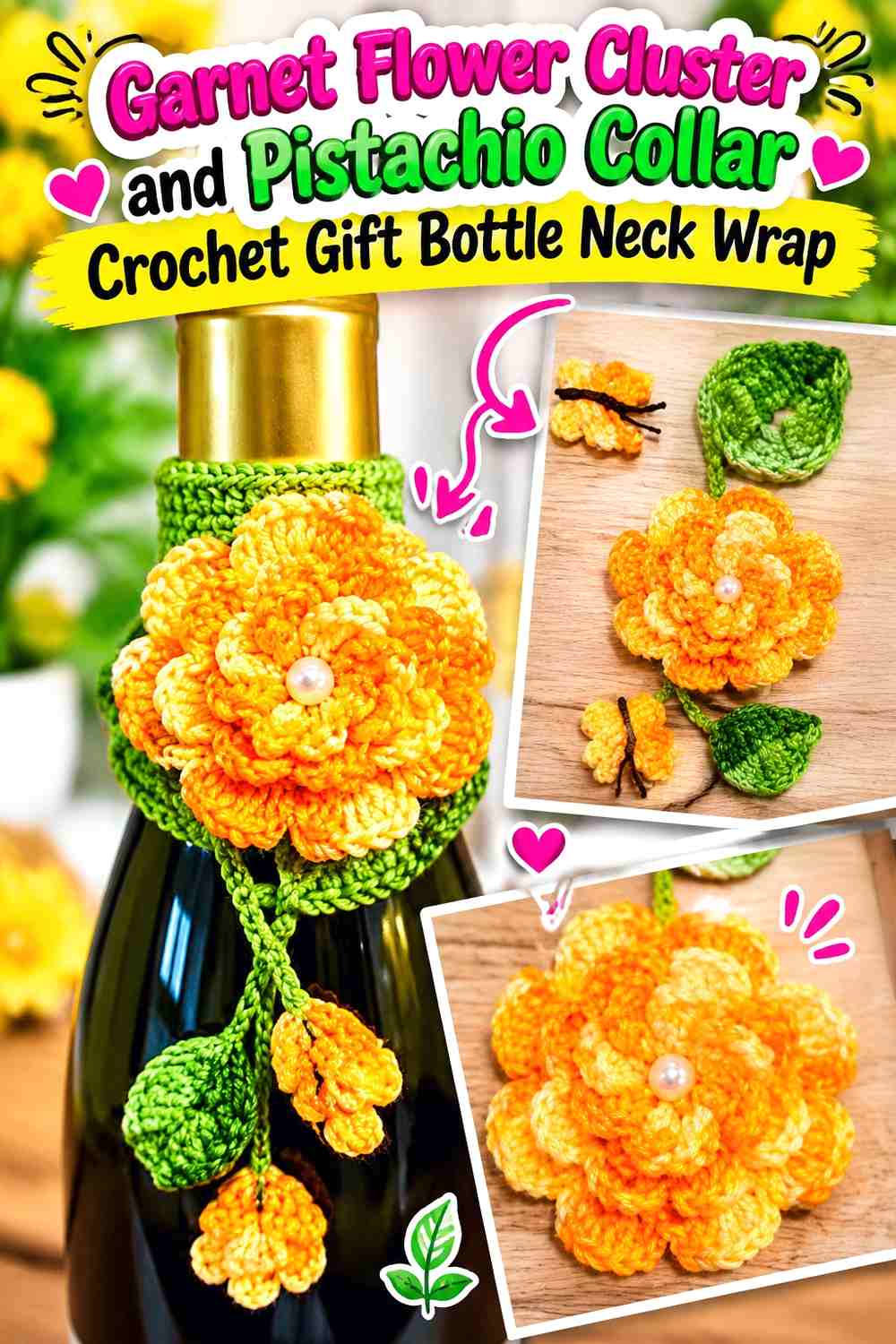 17. Garnet Flower Cluster And Pistachio Collar Crochet Gift Bottle Neck Wrap