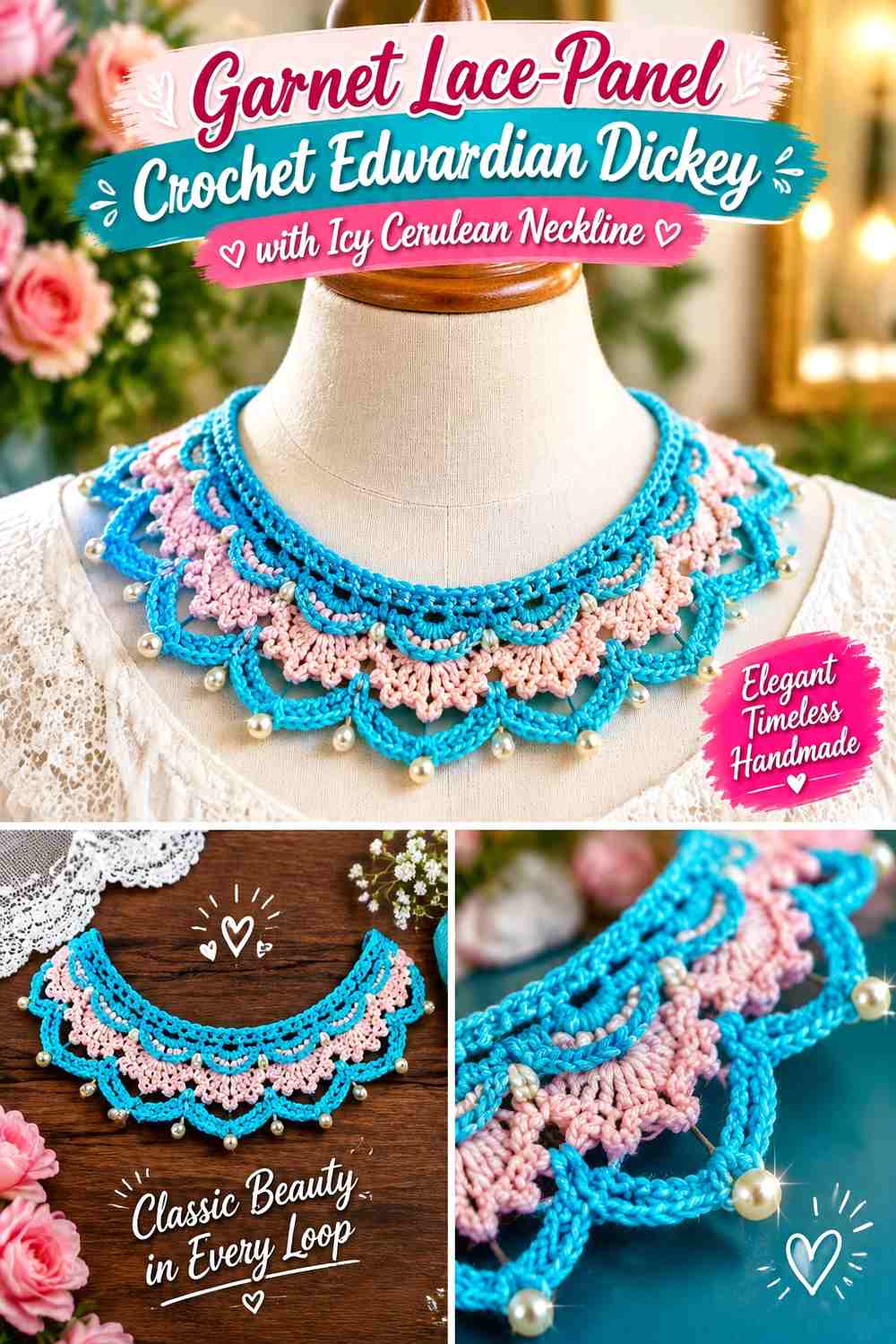 Garnet Lace-Panel Crochet Edwardian Dickey with Icy Cerulean Neckline