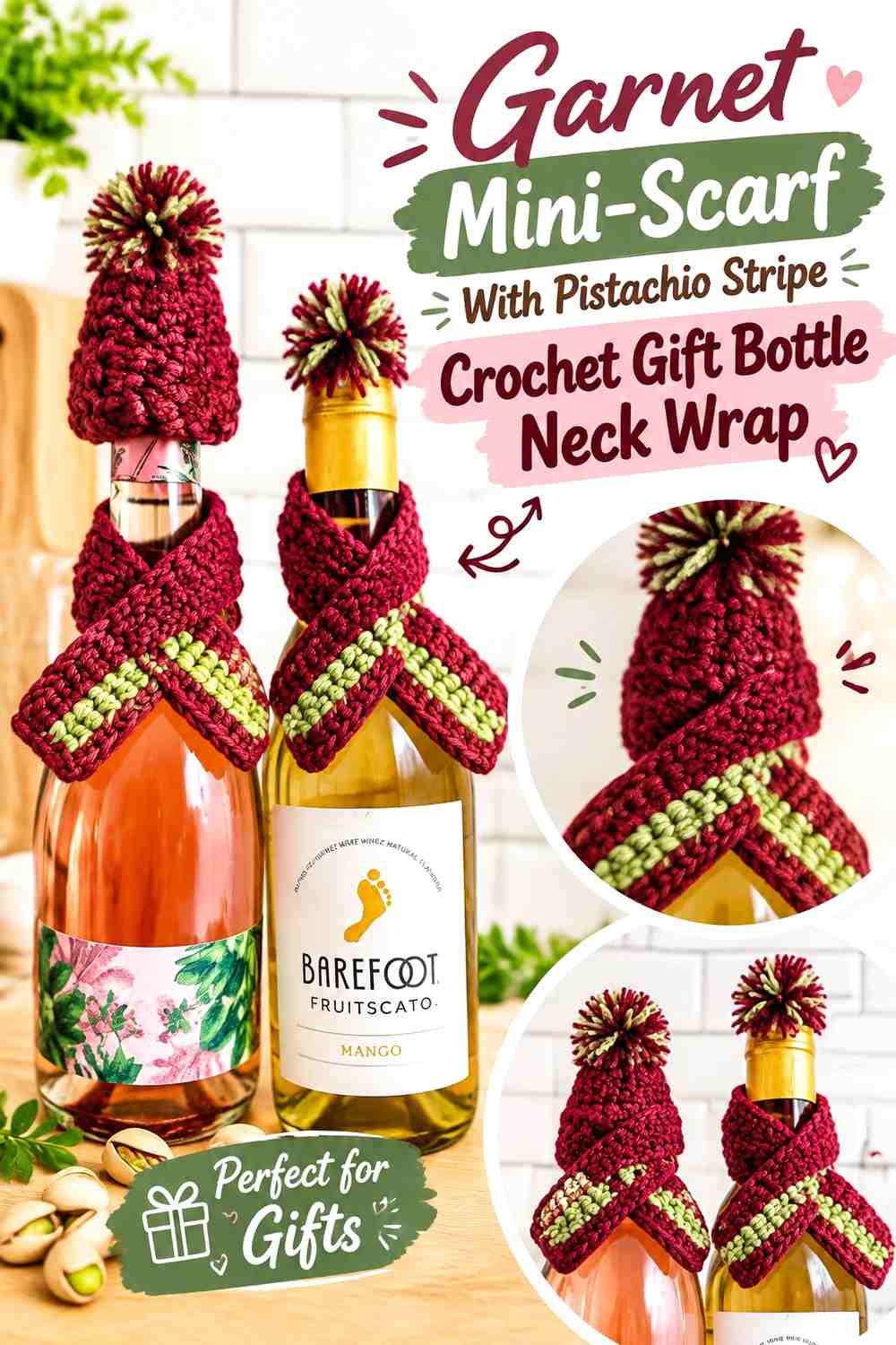 6. Garnet Mini Scarf With Pistachio Stripe Crochet Gift Bottle Neck Wrap