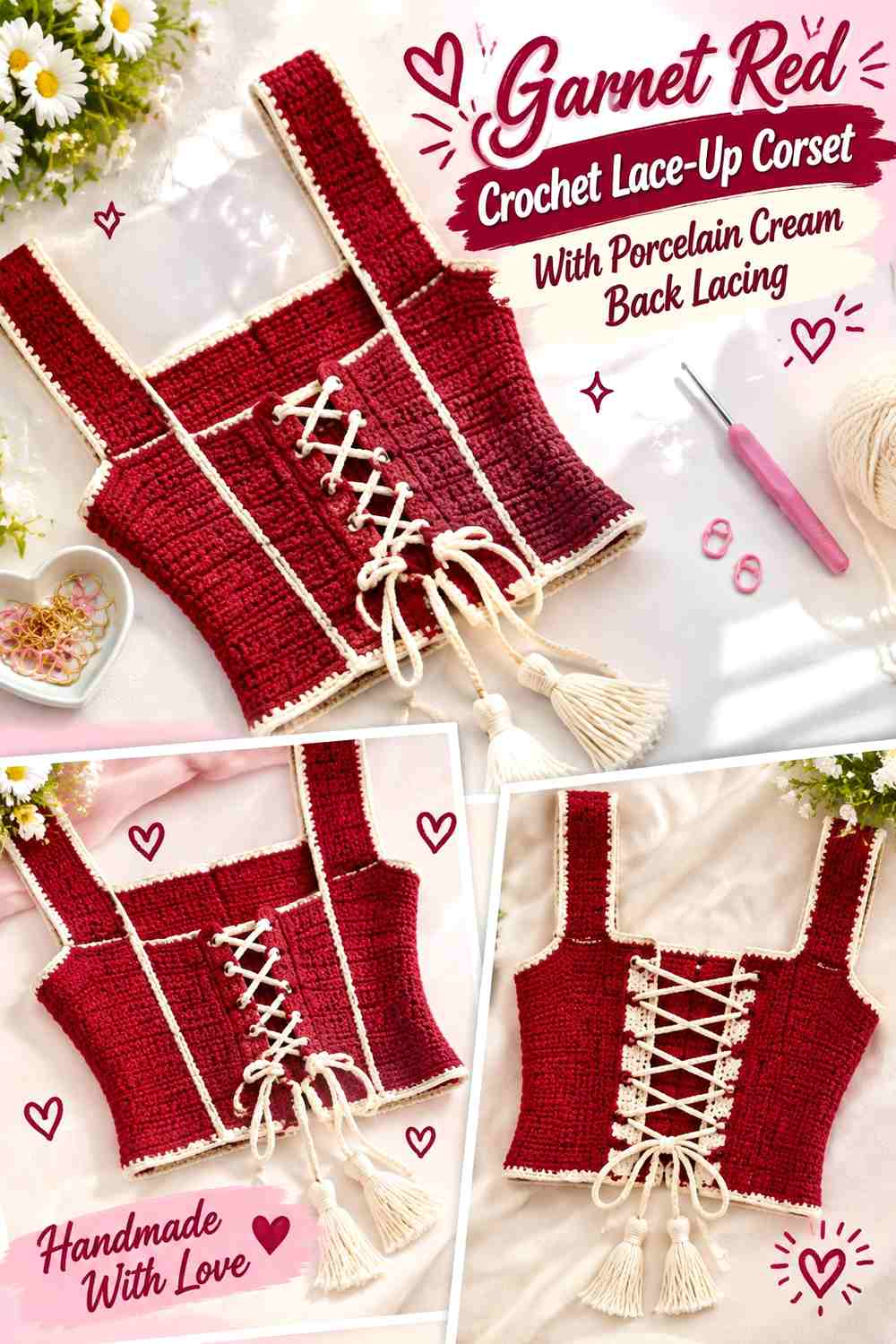 Garnet Red Crochet Lace-Up Corset With Porcelain Cream Back Lacing
