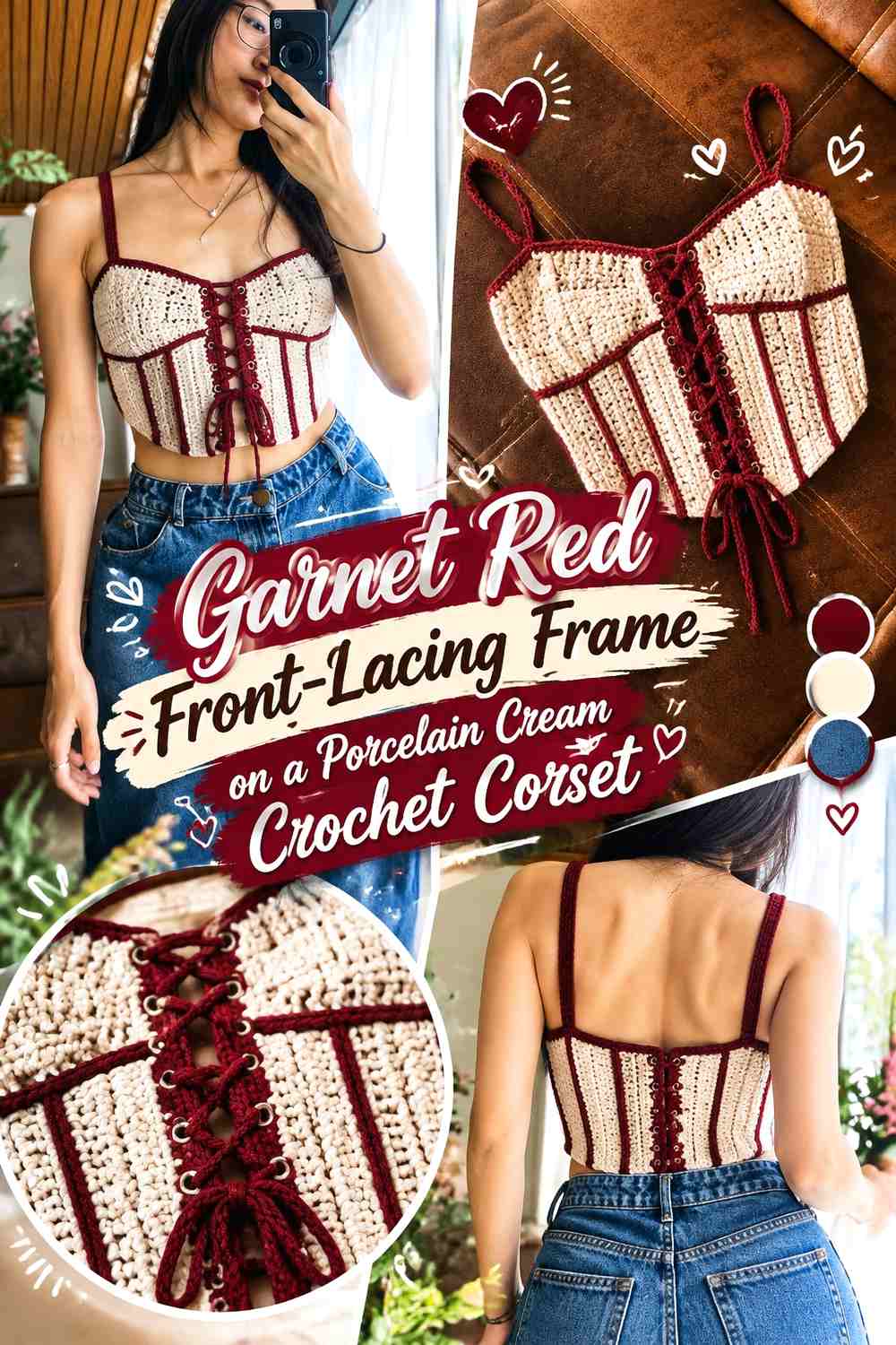 Garnet Red Front-Lacing Frame on a Porcelain Cream Crochet Corset