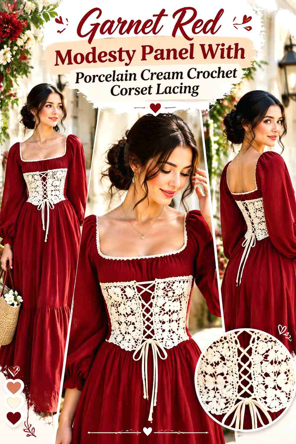 Garnet Red Modesty Panel With Porcelain Cream Crochet Corset Lacing