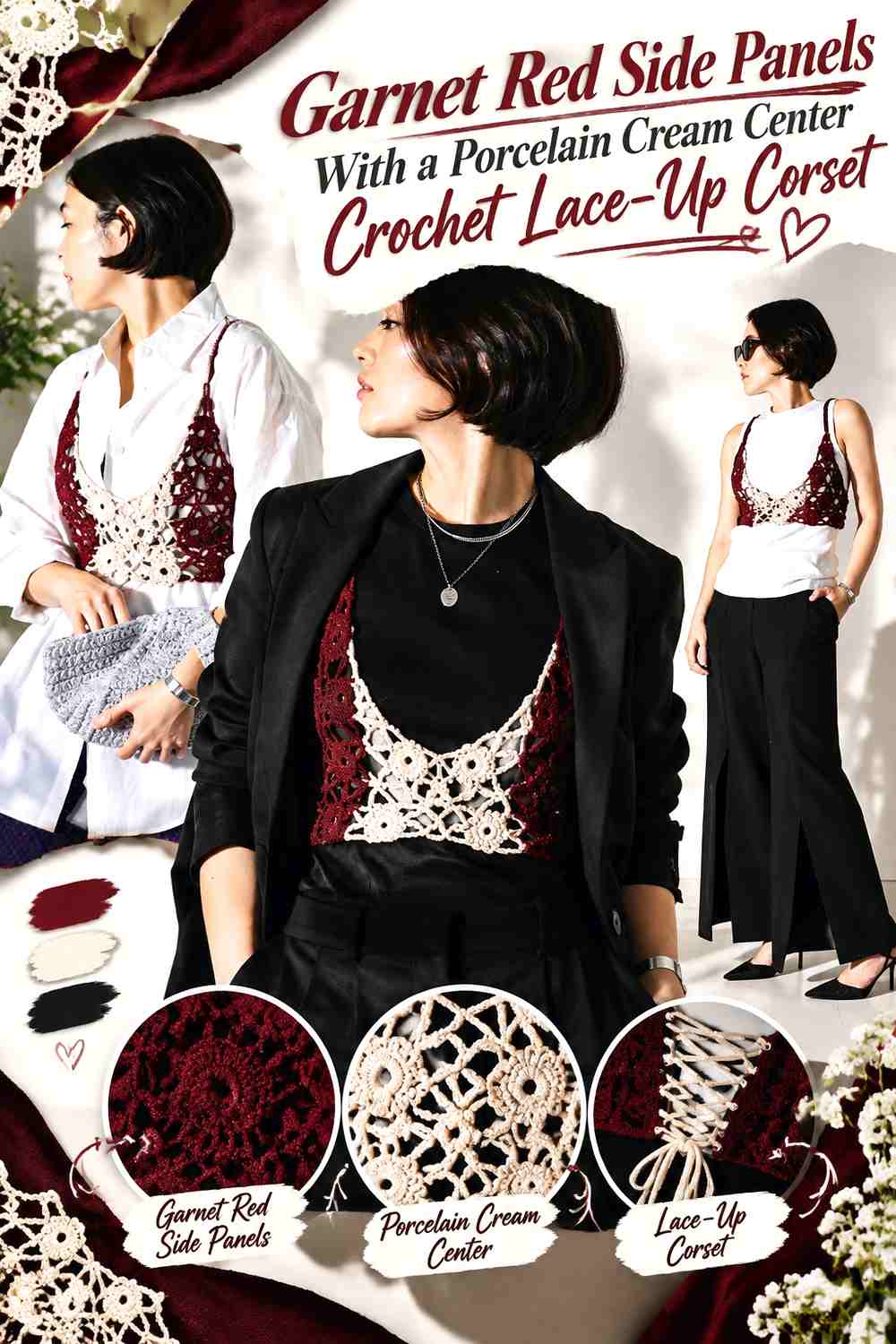 Garnet Red Side Panels With a Porcelain Cream Center Crochet Lace-Up Corset
