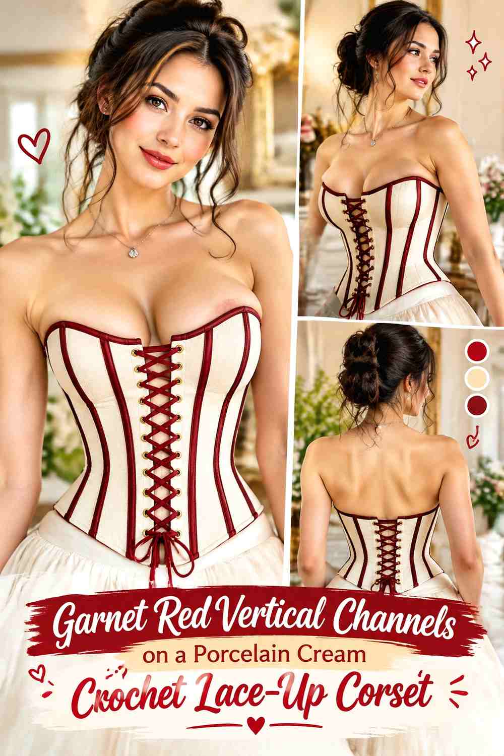 Garnet Red Vertical Channels on a Porcelain Cream Crochet Lace-Up Corset