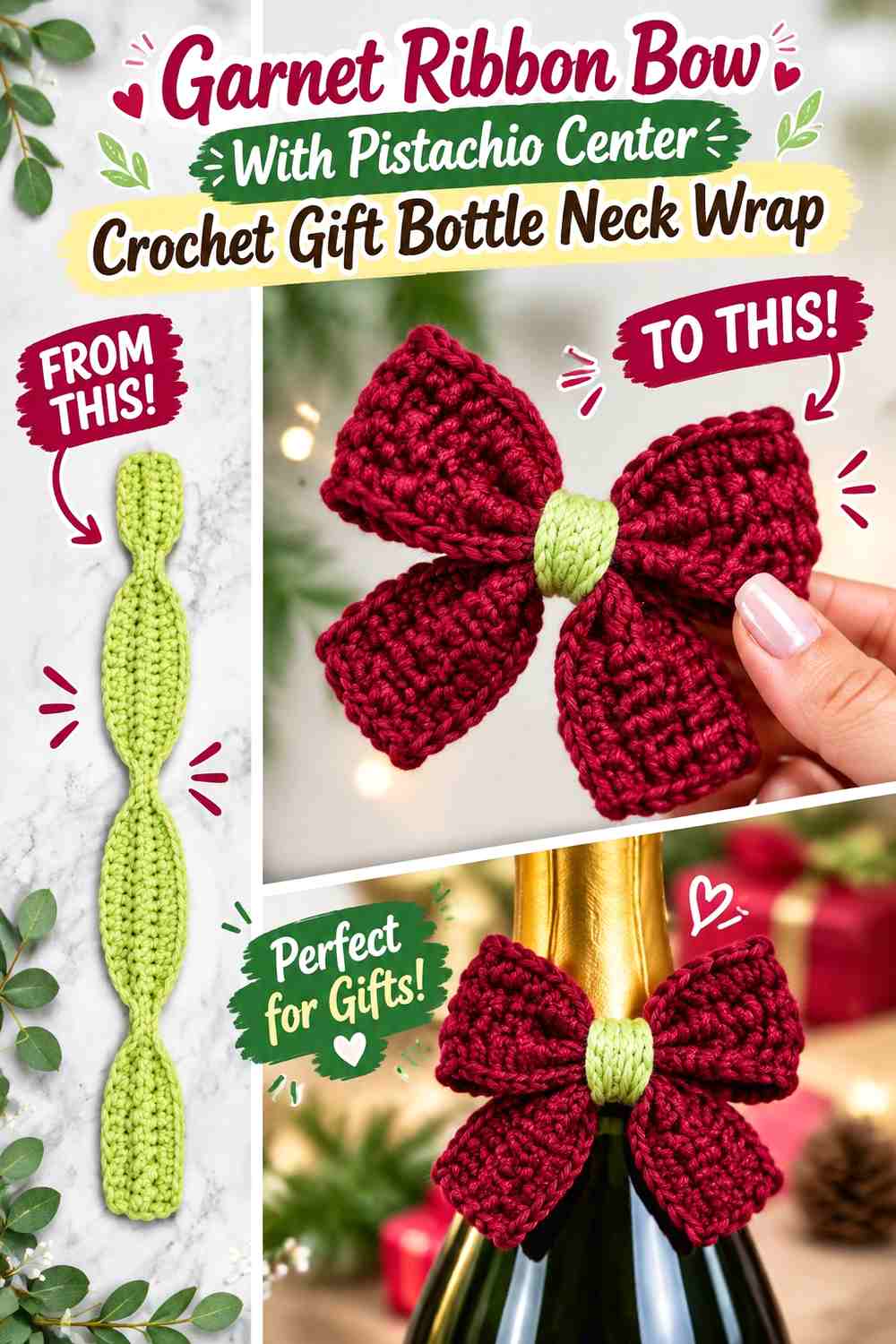 8. Garnet Ribbon Bow With Pistachio Center Crochet Gift Bottle Neck Wrap