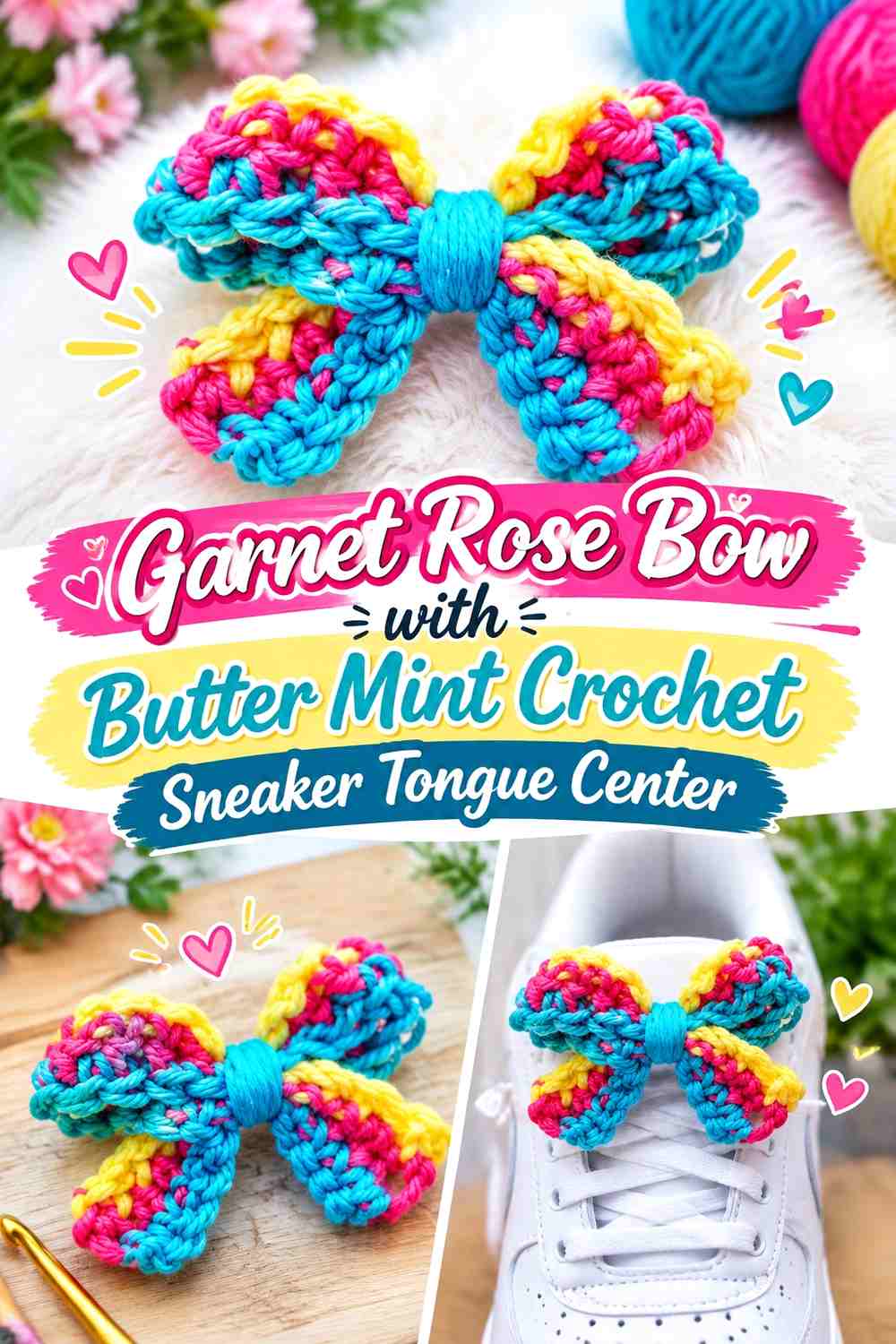 Garnet Rose Bow with Butter Mint Crochet Sneaker Tongue Center
