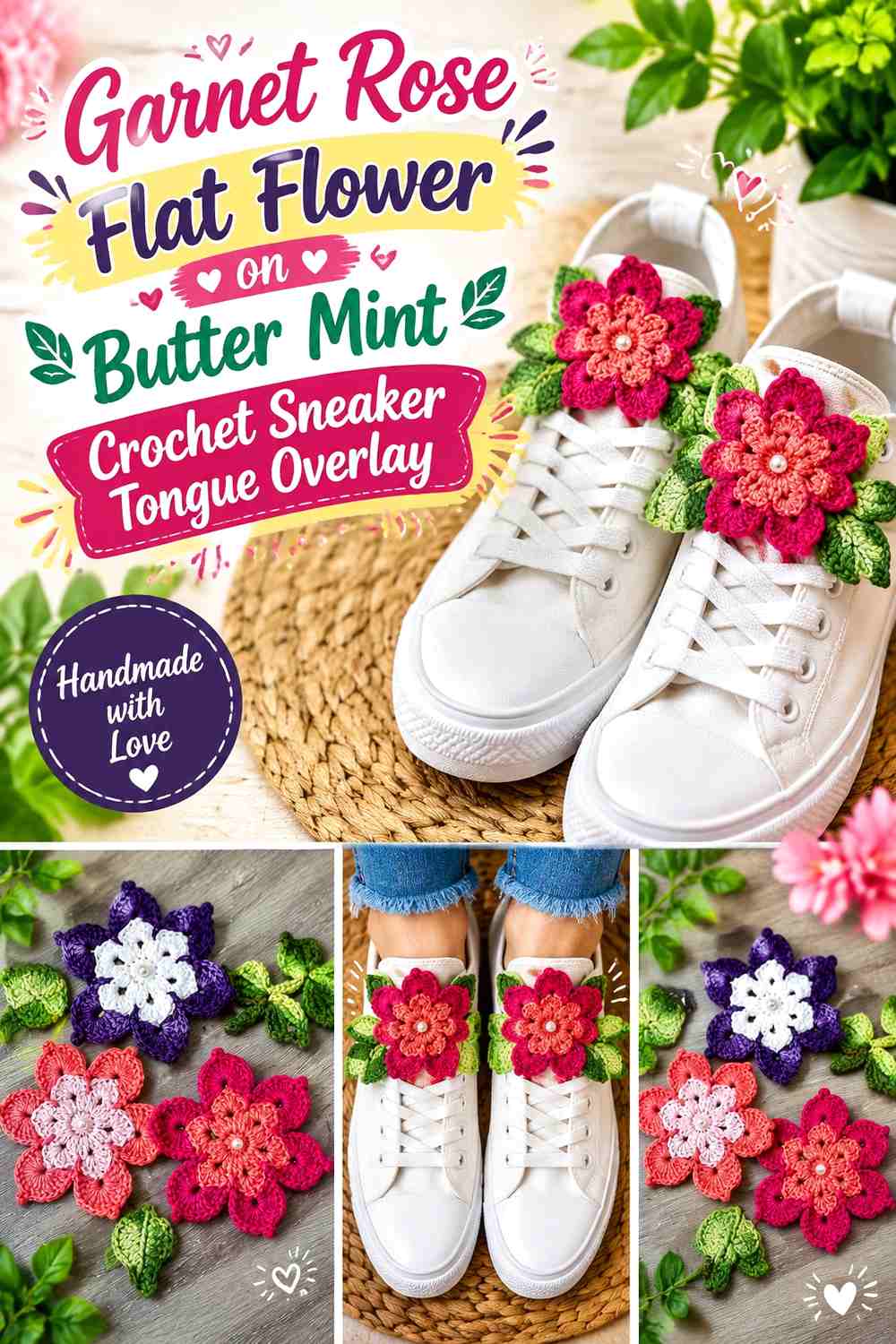 Garnet Rose Flat Flower on Butter Mint Crochet Sneaker Tongue Overlay