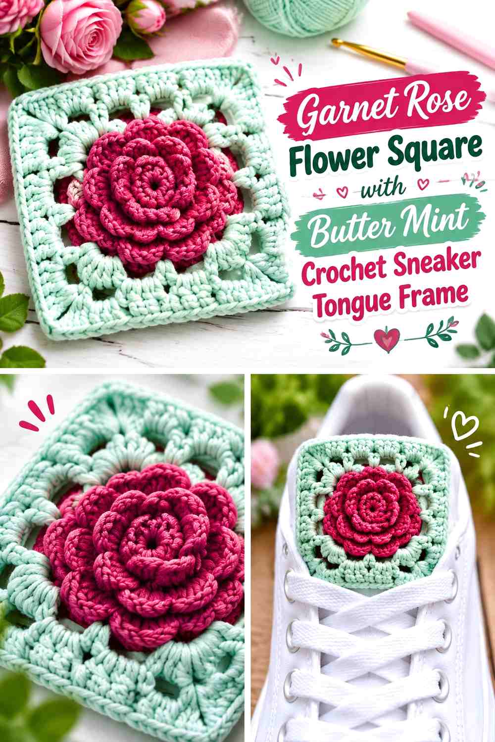 Garnet Rose Flower Square with Butter Mint Crochet Sneaker Tongue Frame