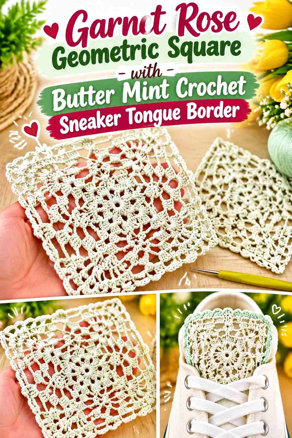 Garnet Rose Geometric Square with Butter Mint Crochet Sneaker Tongue Border