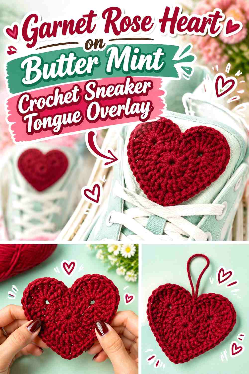 Garnet Rose Heart on Butter Mint Crochet Sneaker Tongue Overlay