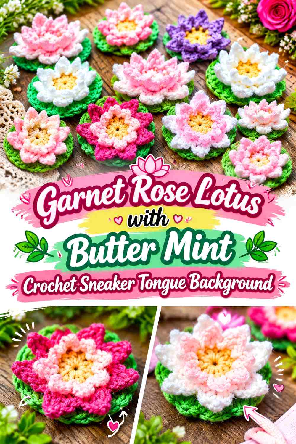 Garnet Rose Lotus with Butter Mint Crochet Sneaker Tongue Background
